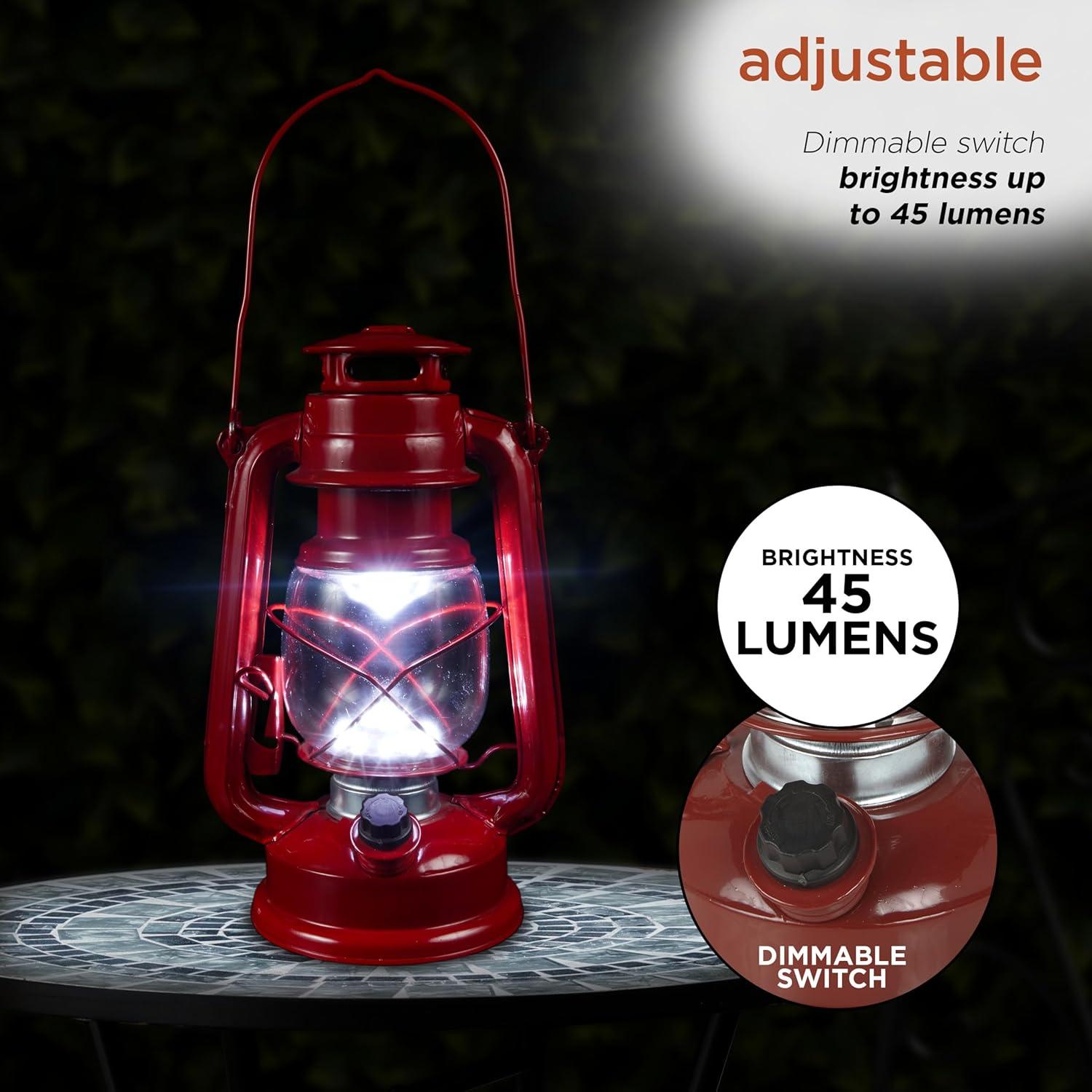 Alpine Corporation 6" x 5" x 9" Metal Hurricane Lantern with Battery-Powered LED Light, Red