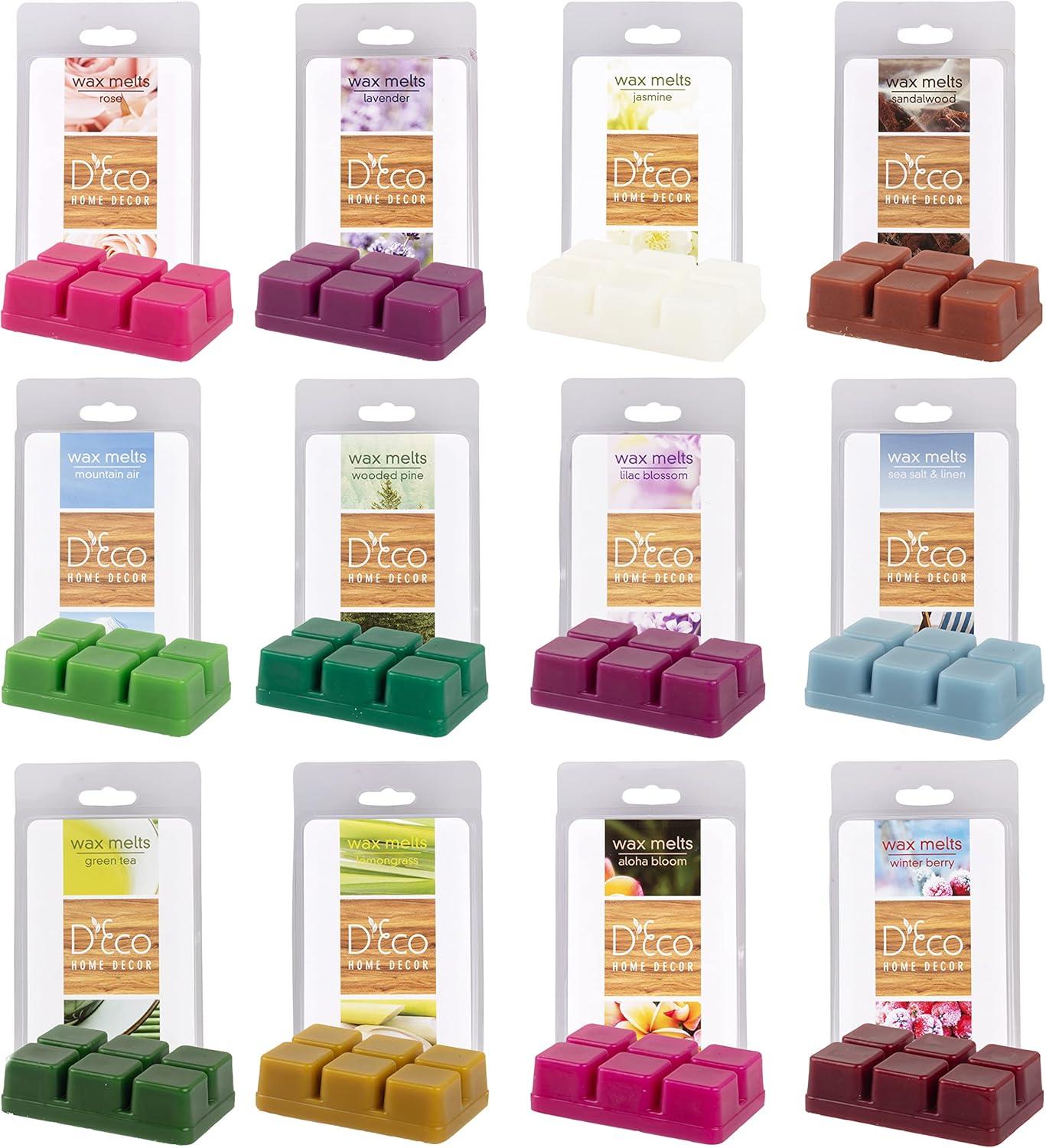 Spring and Summer Scented Wax Melts- 12 Different Scents (2.5oz ea Tart Cube)- Rose, Lavender, Jasmine, Pine, Sea Salt & Linen, Mountain Air, Lilac, Sandalwood, Green Tea, Lemongrass, Aloha, Berry