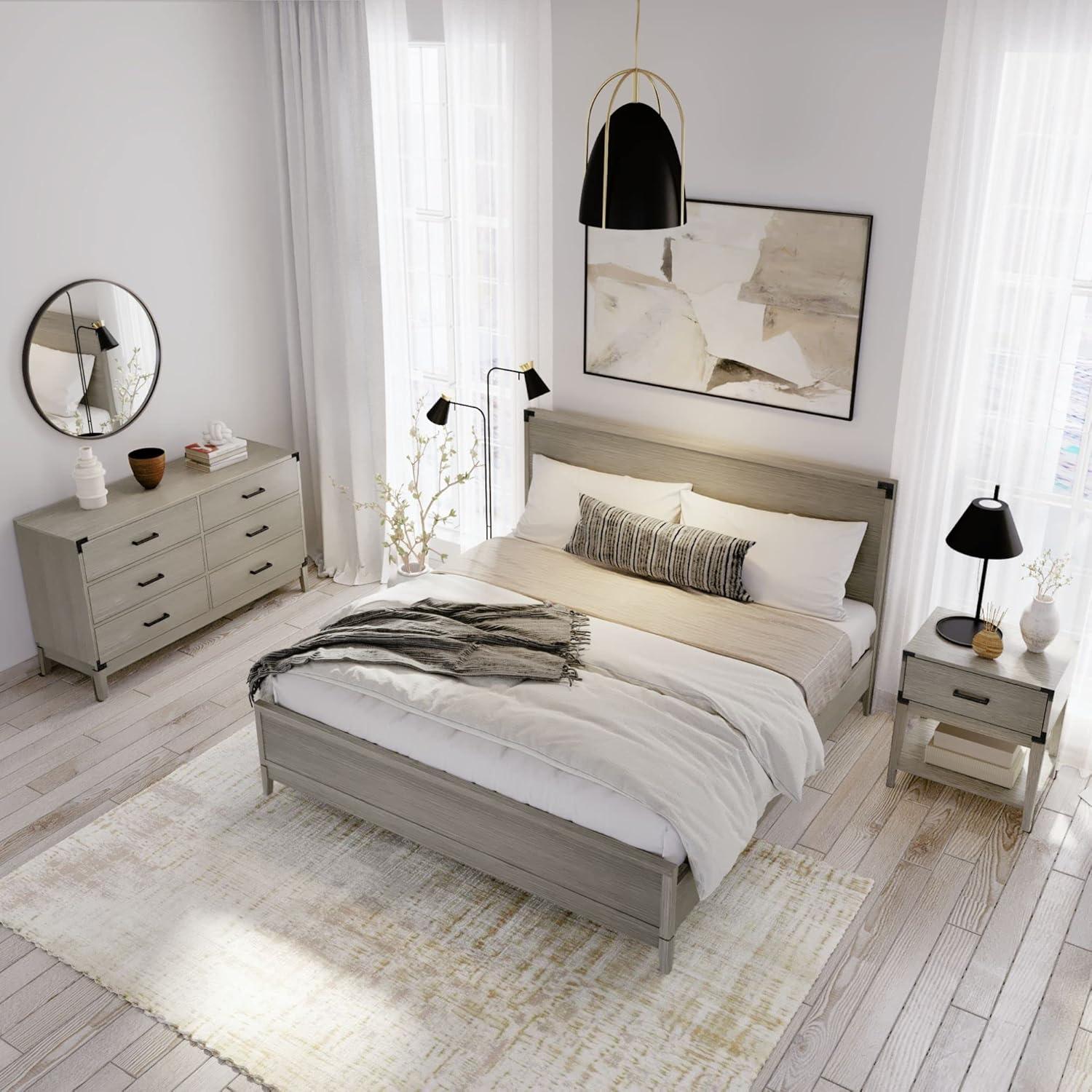 Plank+Beam Solid Wood Contemporary  King Size Platform Bed, Seashell Wirebrush