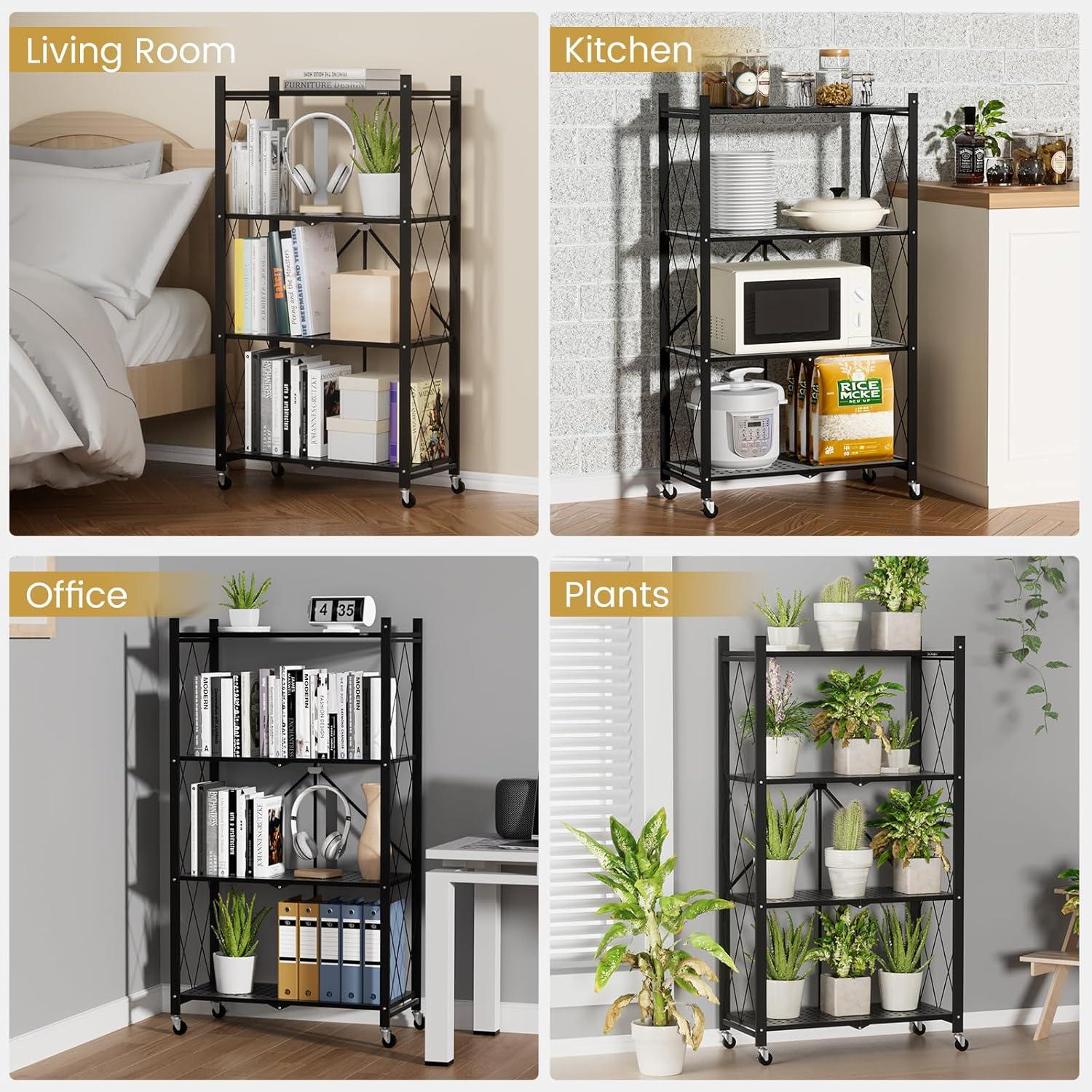 3-Tier Storage Shelves with Wheels, Folding Bookshelf No Assembly, Metal Display Shelf for Balcony, Kitchen, Basement, Pantry, White