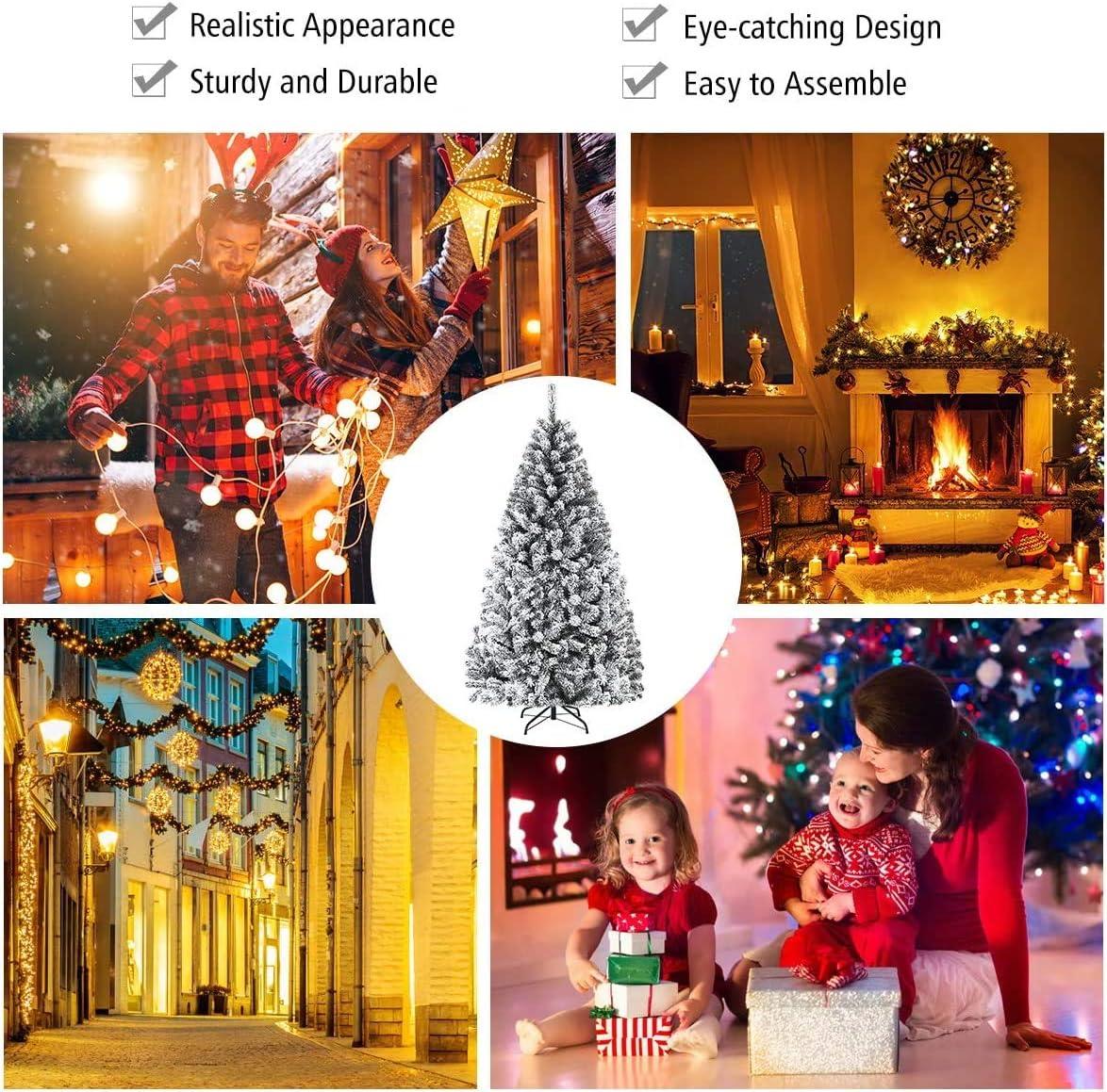 ReunionG 7.5FT Snow Christmas Tree, Artificial Flocked Hinged Pine Tree, Holiday Decoration Tree with Premium PVC Needles and Solid Metal Stand, Full Christmas Tree for Indoor Outdoor (7.5FT)