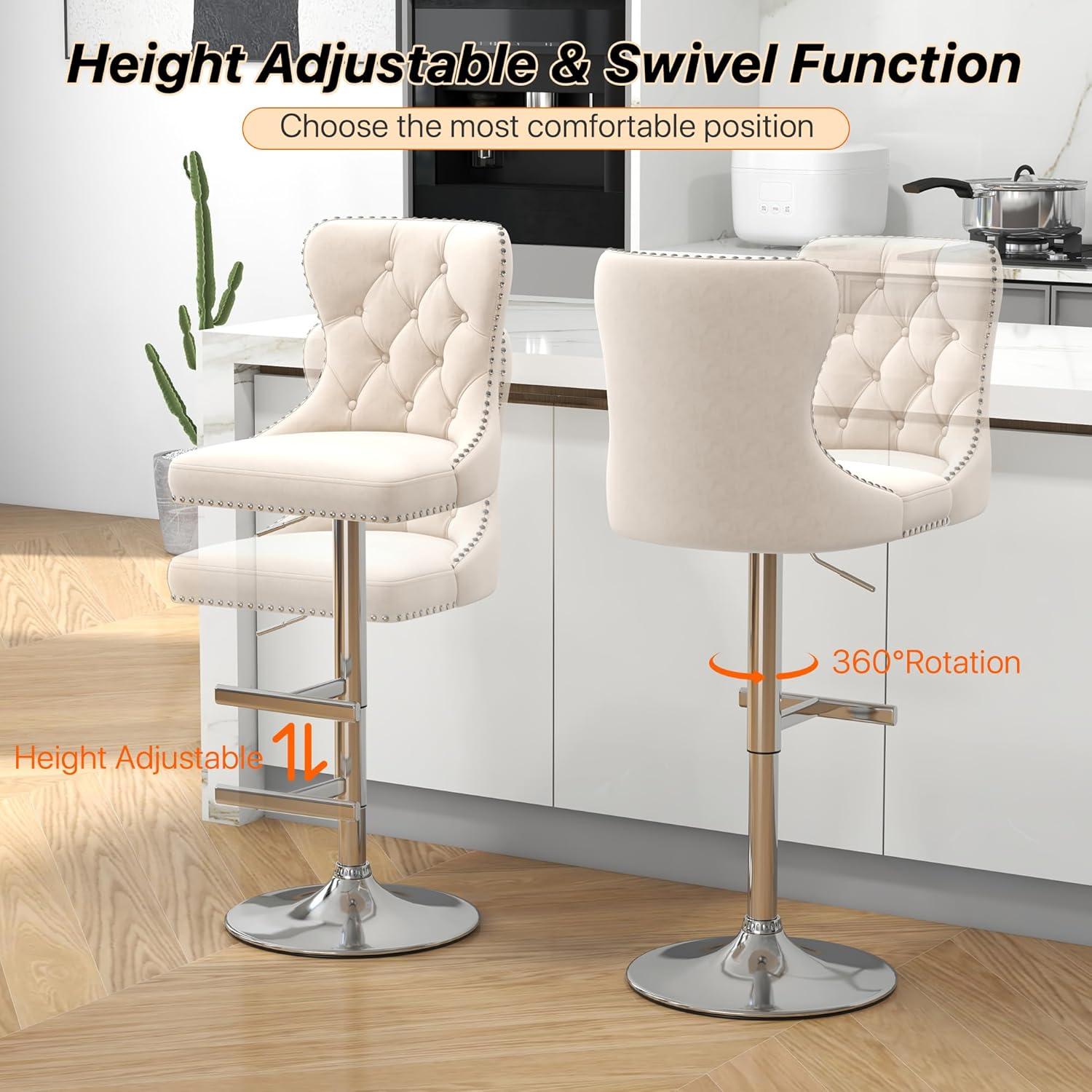 Swivel Bar Stools Set of 2, Height Adjustable Dining Chairs with Rivets, Button Tufted Back and Metal Footrest, Velvet Upholstered Side Chairs, Armless Chairs for Dining Room Bar Kitchen Island
