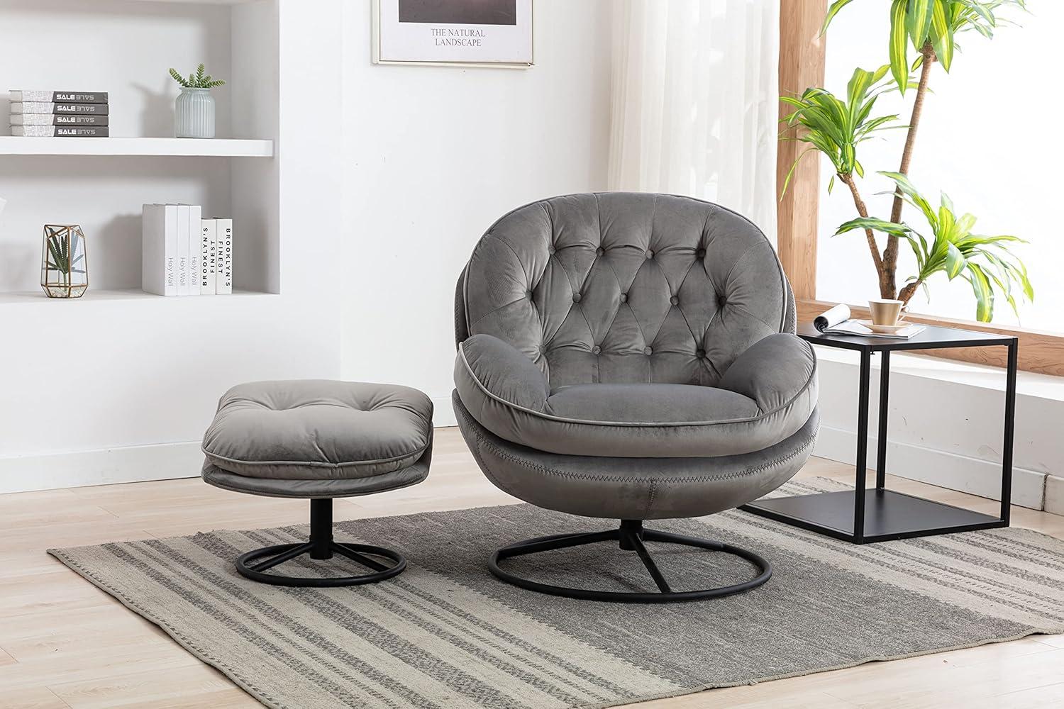 Velvet Swivel Accent Chair with Ottoman Set, Modern Lounge Chair with 360 Degree Swiveling Metal Base & Footrest, Comfy Single Sofa Chair for Living Room Bedroom, Reading Room, Home Office, Gray