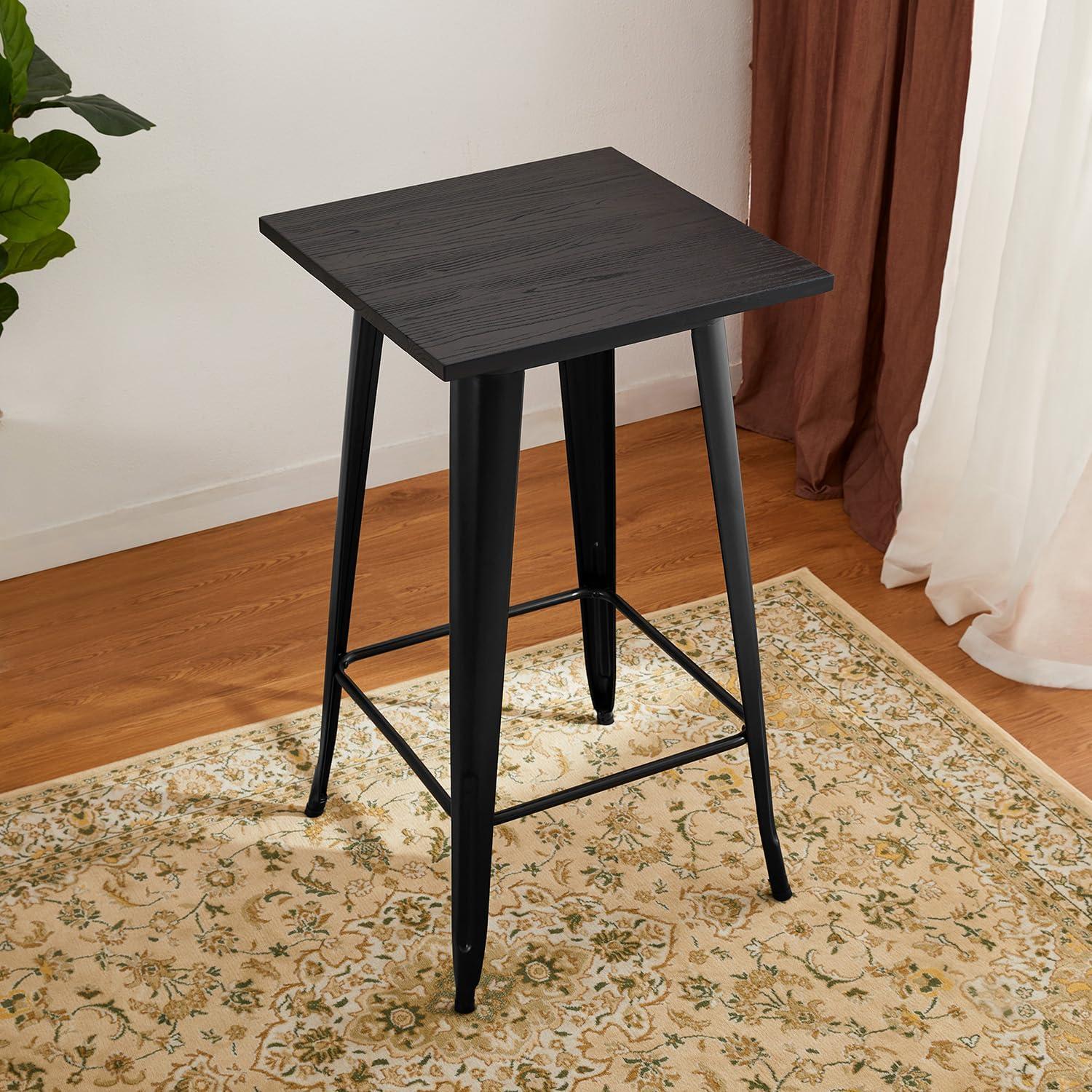 Black Steel Square Bar Table with Elm Wood Top