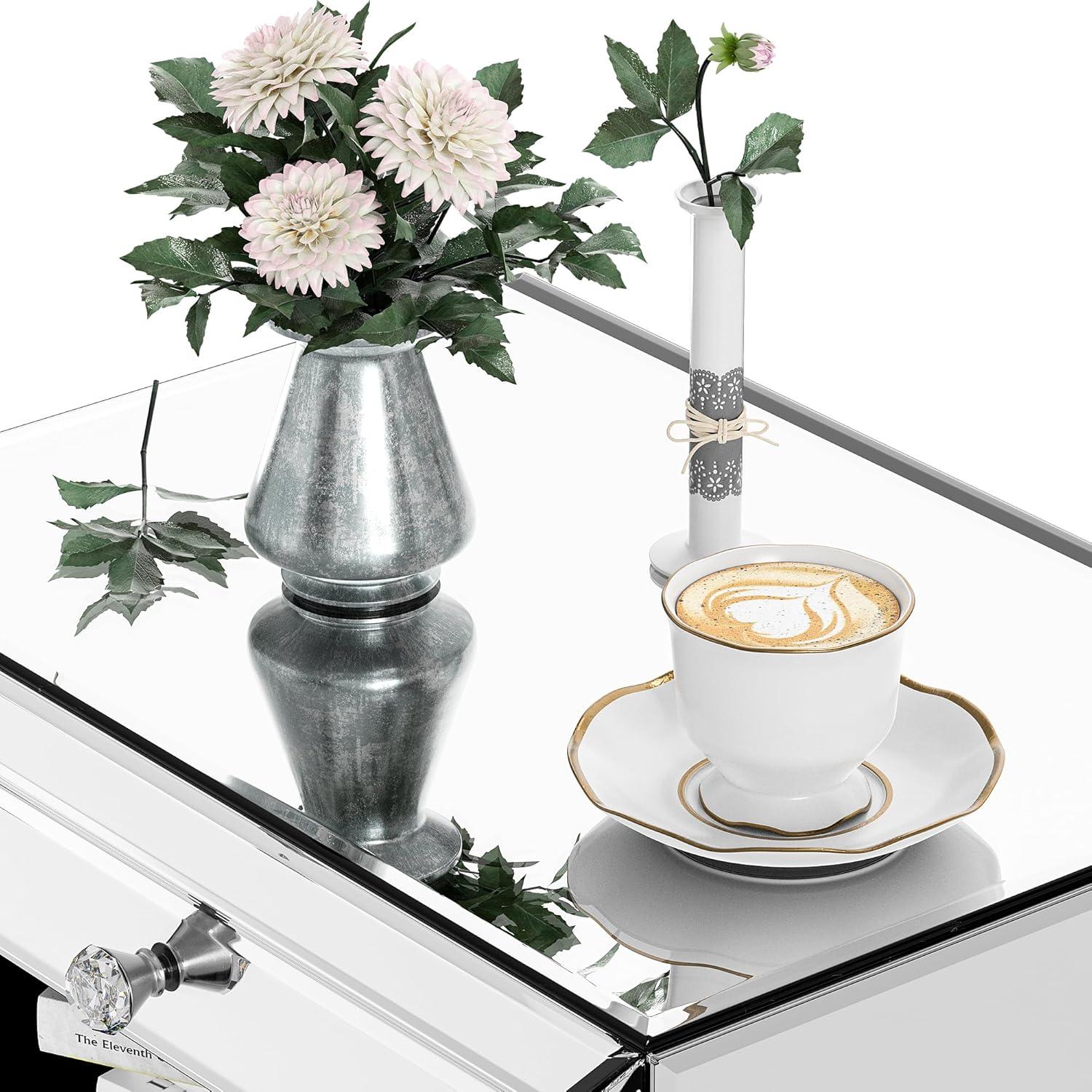 Mirrored Nightstand, Modern End Table with Drawer, Bedside Tables with Acrylic Legs for Bedroom, Living Room, Silver