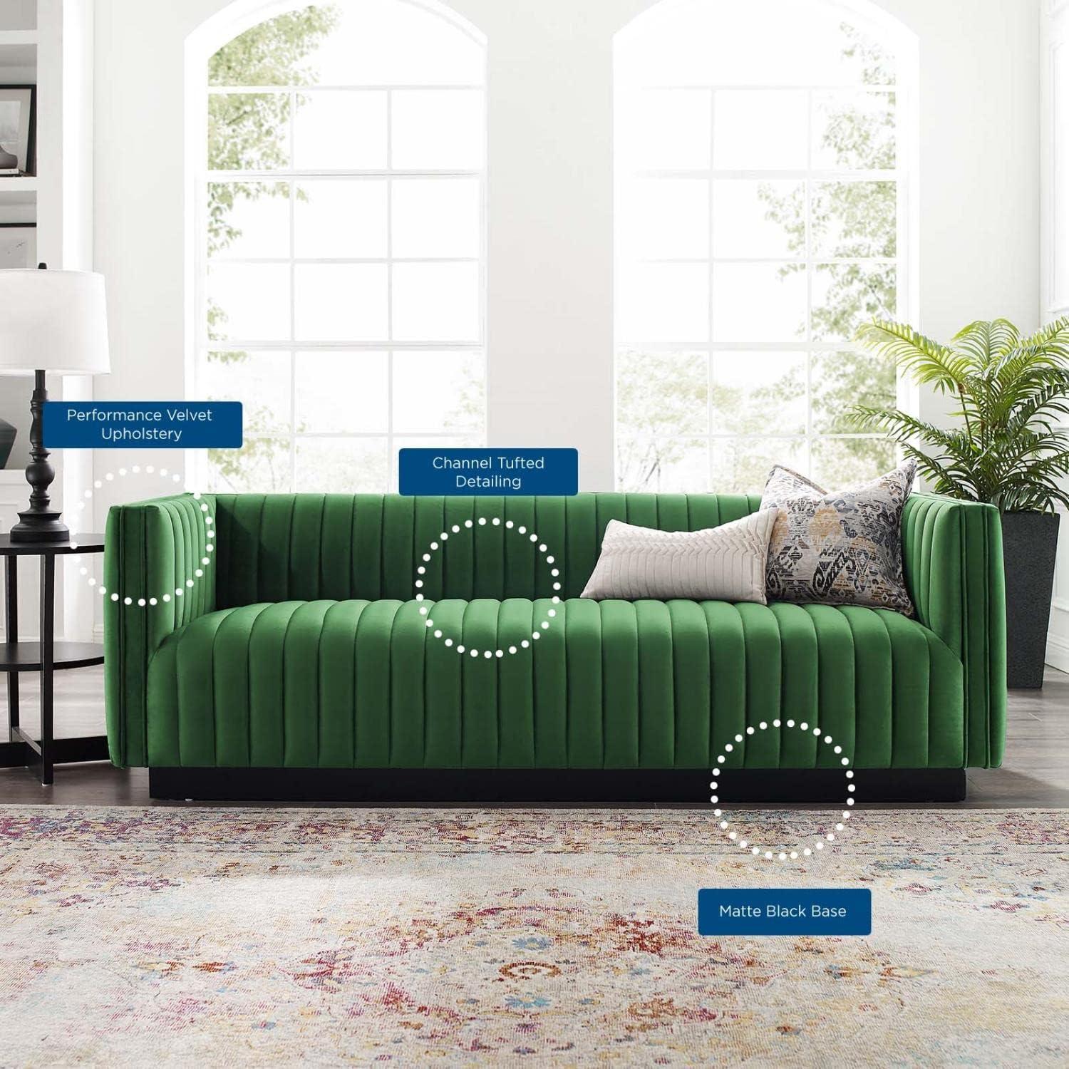 Emerald Velvet Channel Tufted 84'' Tuxedo Arm Sofa