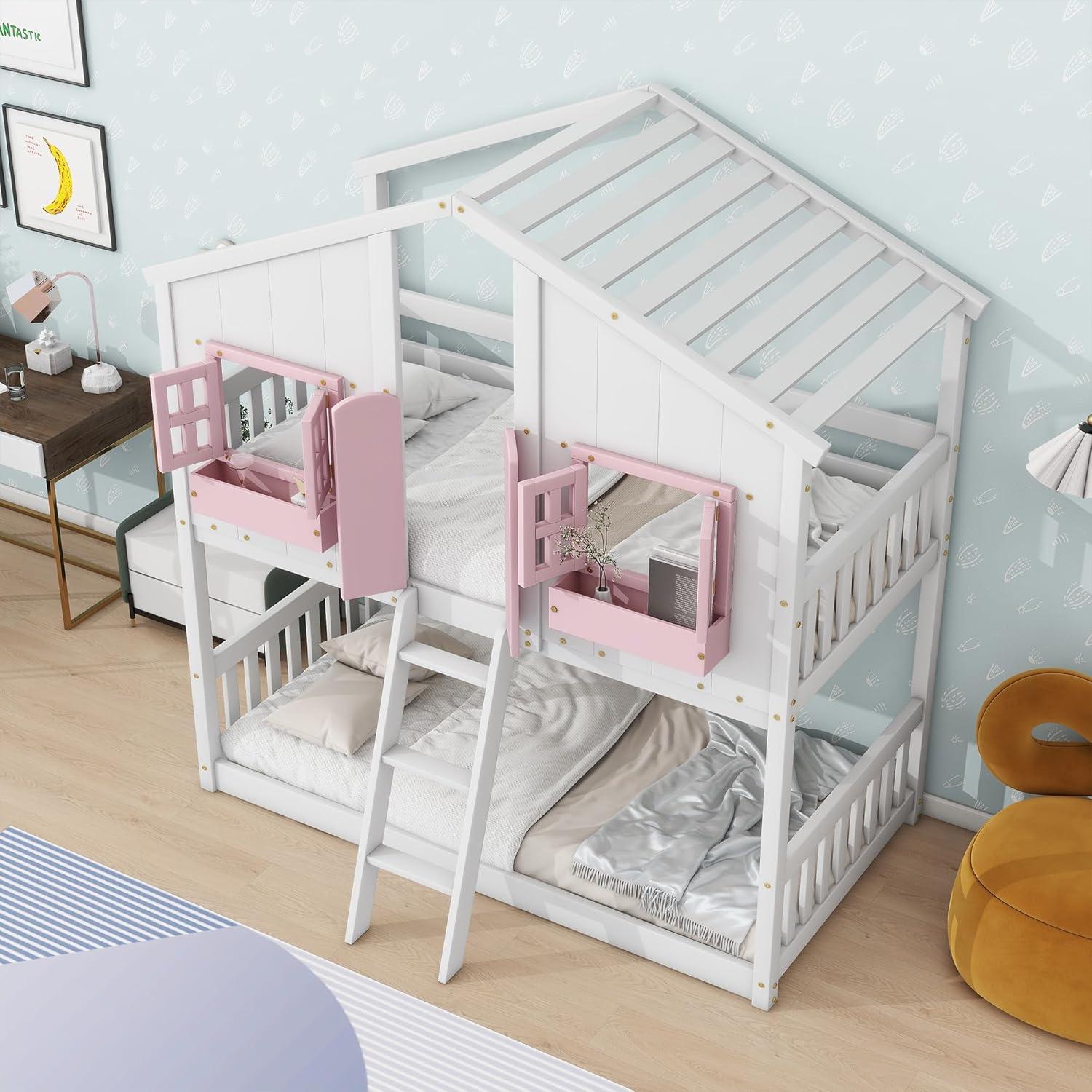 HighSound Twin Over Twin House Bunk Bed Frame with Roof, Window, Ladder and Safety Guardrails for Boys Girls, White & Pink