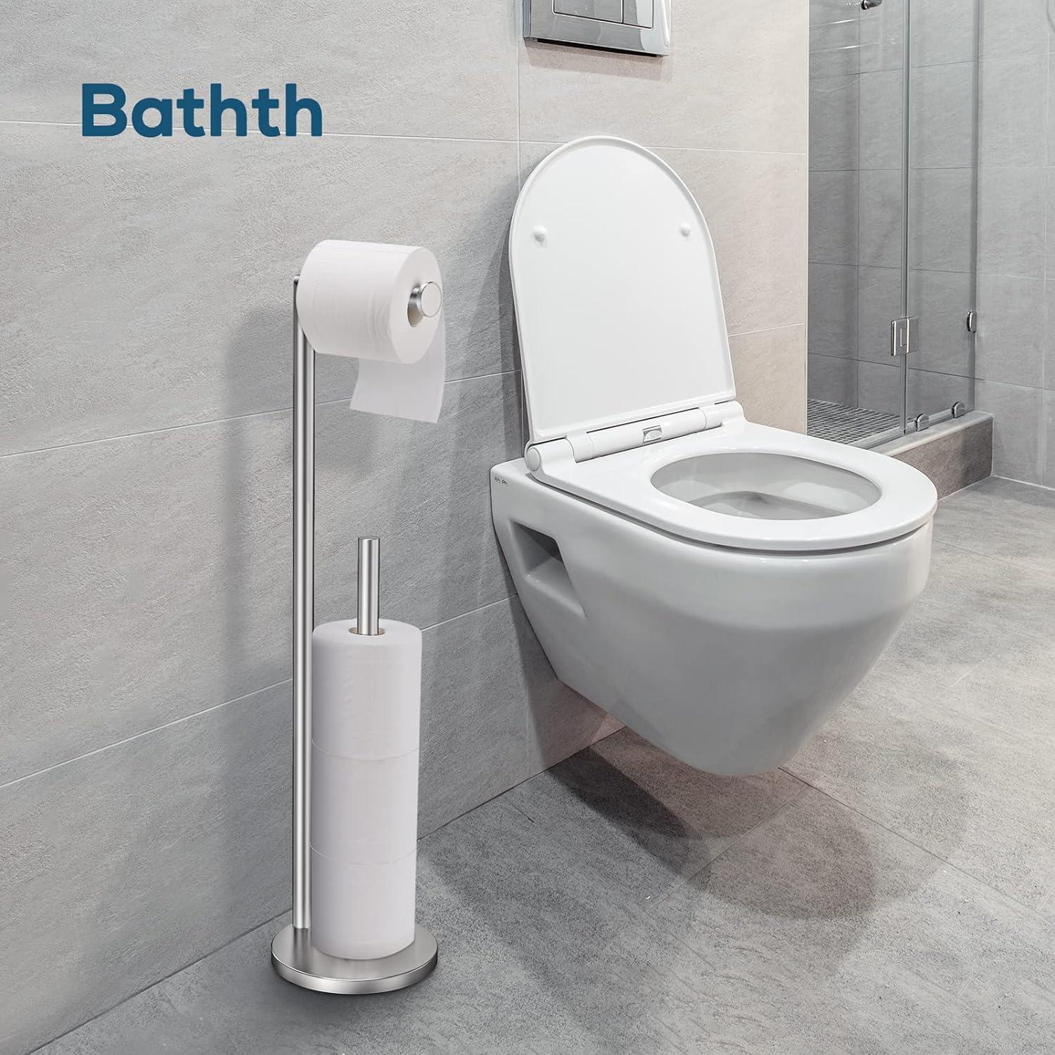 Toilet Paper Holder Stand, Toilet Paper Stand Brushed Nickel, Free Standing Toilet Paper Holder, Toilet Paper Holder with Storage by Bathth C33