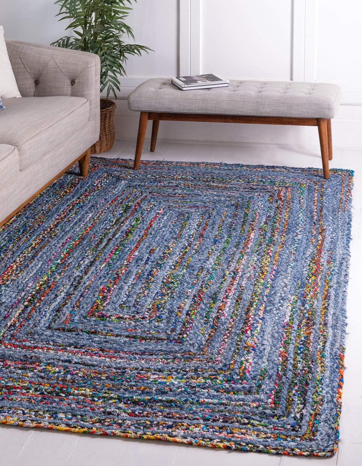 Unique Loom Braided Chindi Rug Blue and Multi/Green 2' x 3' 1" Rectangle Hand Made Abstract Comfort Perfect For Living Room Bed Room Dining Room Office