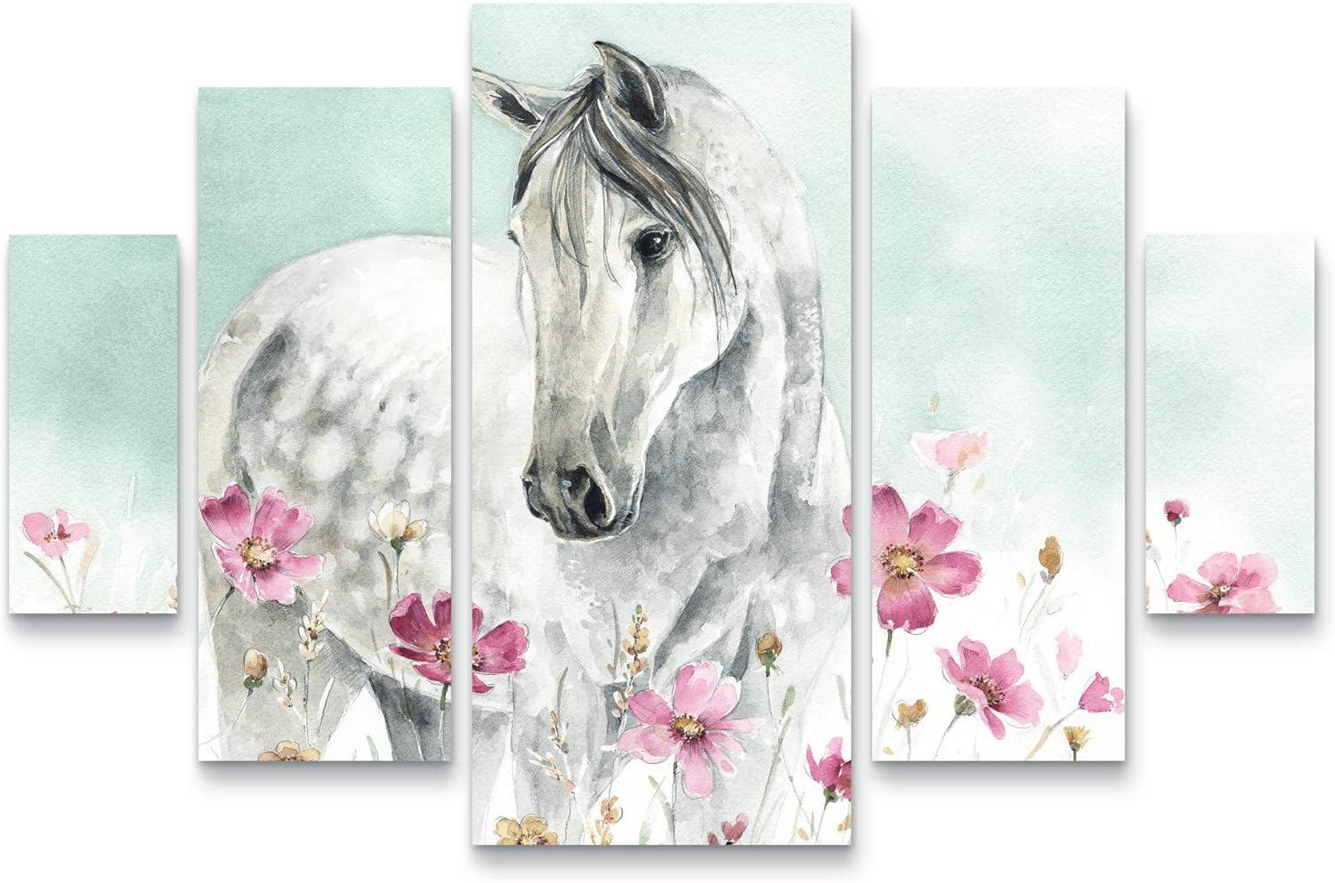 Wild Horses I 5-Piece Canvas Set with Pink Flowers