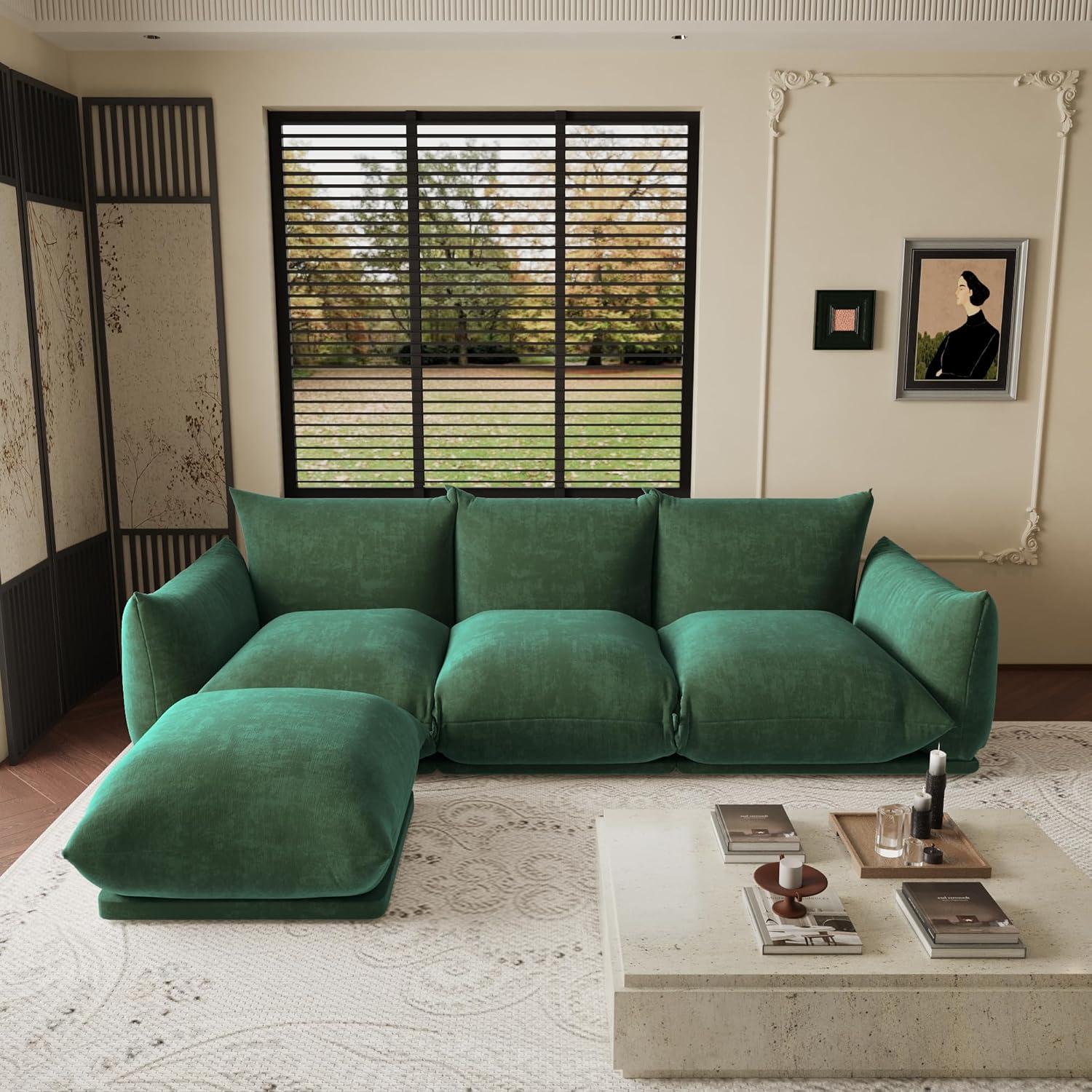 JACH Mid-Century Modern Comfy Couch, Chenille Sectional Sofa Modular Couches with Thick Cushion, 3 Seater 103" Plush Sofas Furniture for Living Room Bedroom Office Apartment, Green