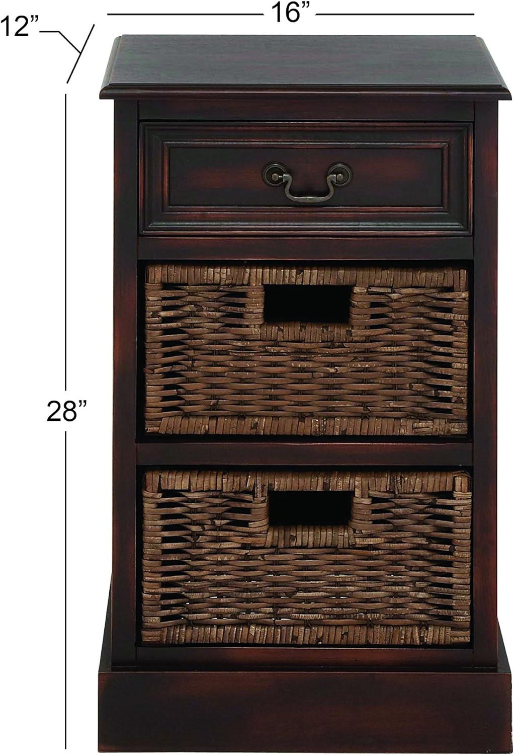 Dark Brown Wood Side Chest with Jute Baskets and Drawer