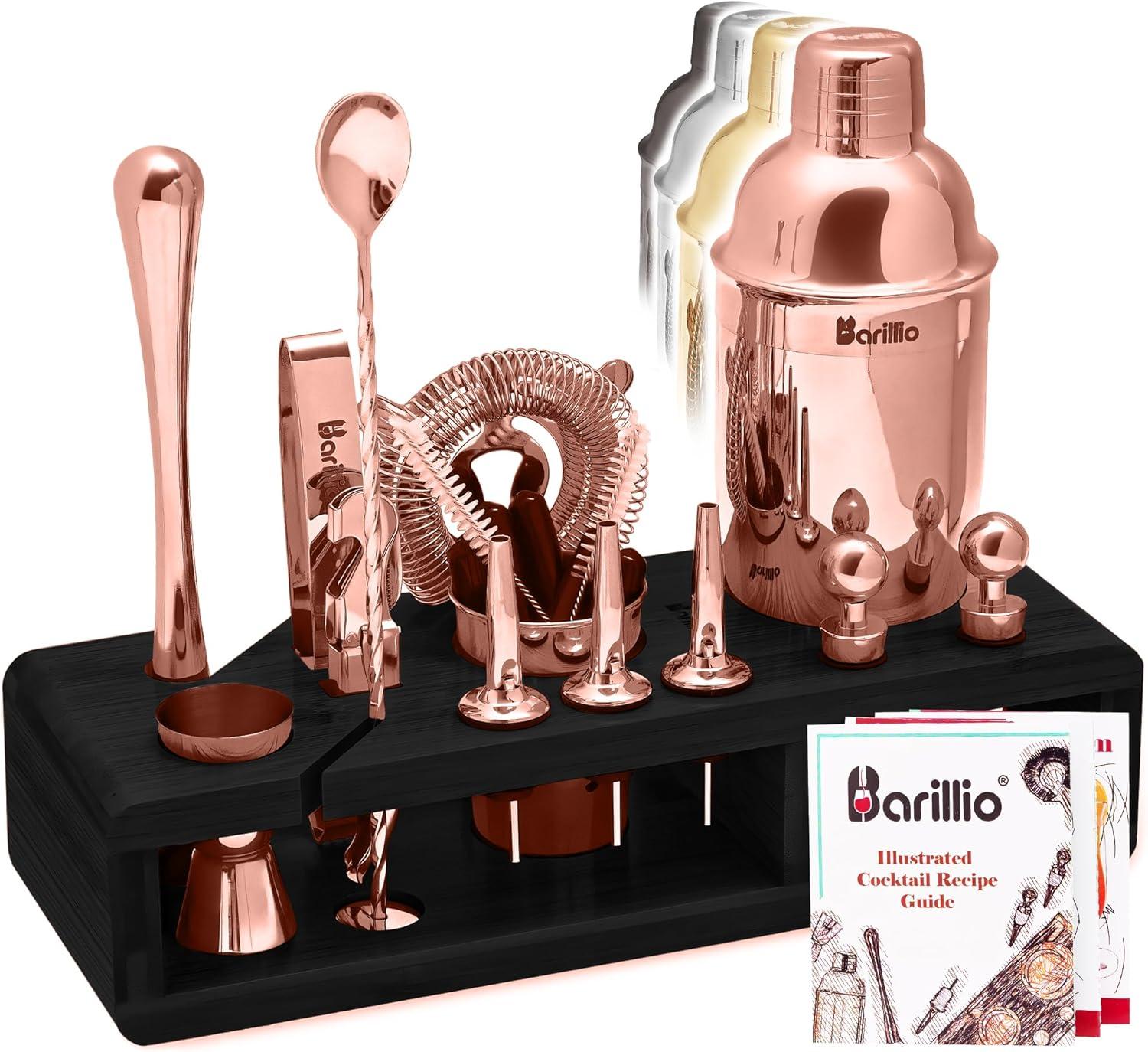 Rose Gold Stainless Steel Bartender Kit with Black Bamboo Stand