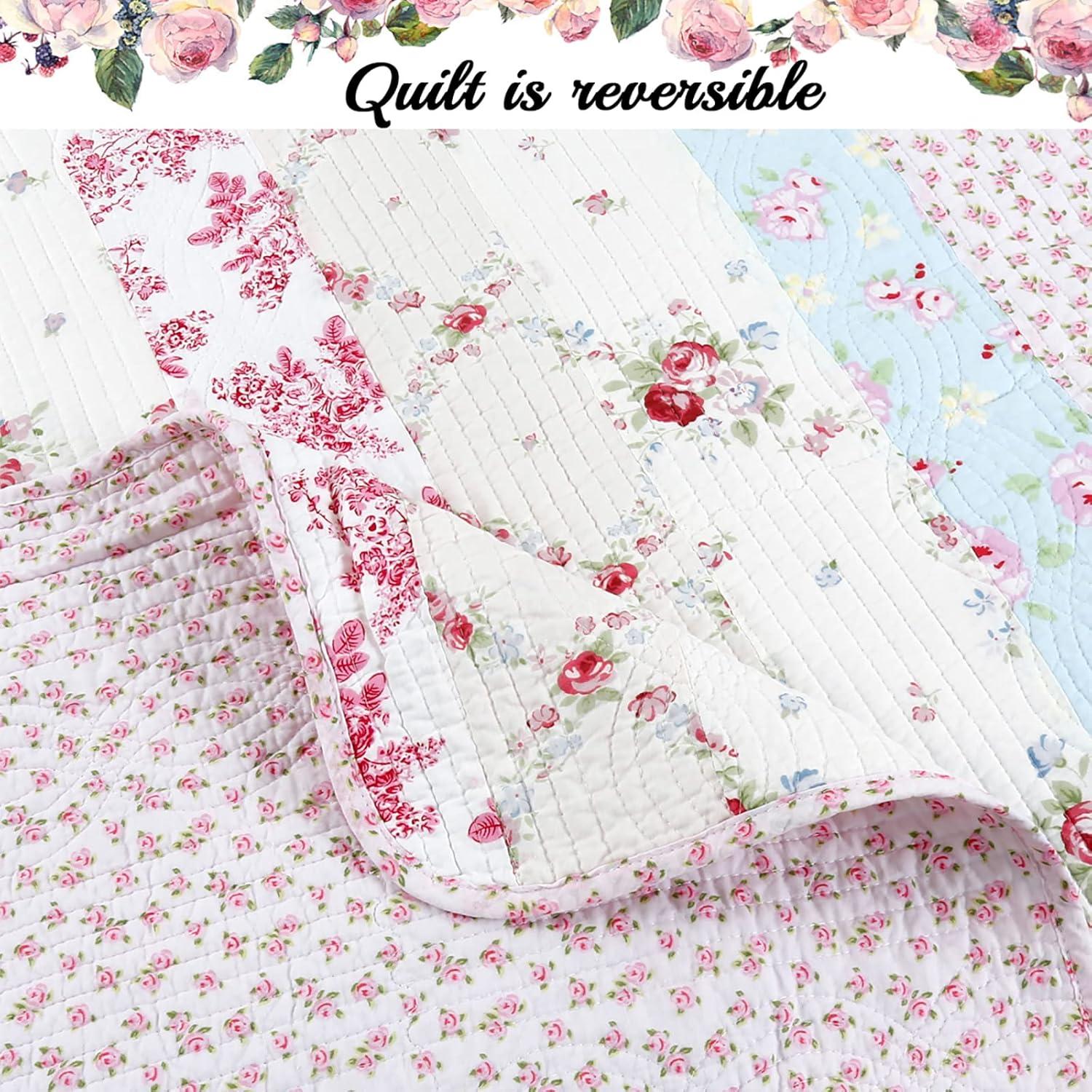 Twin Pink Cotton Reversible Floral Quilt Set