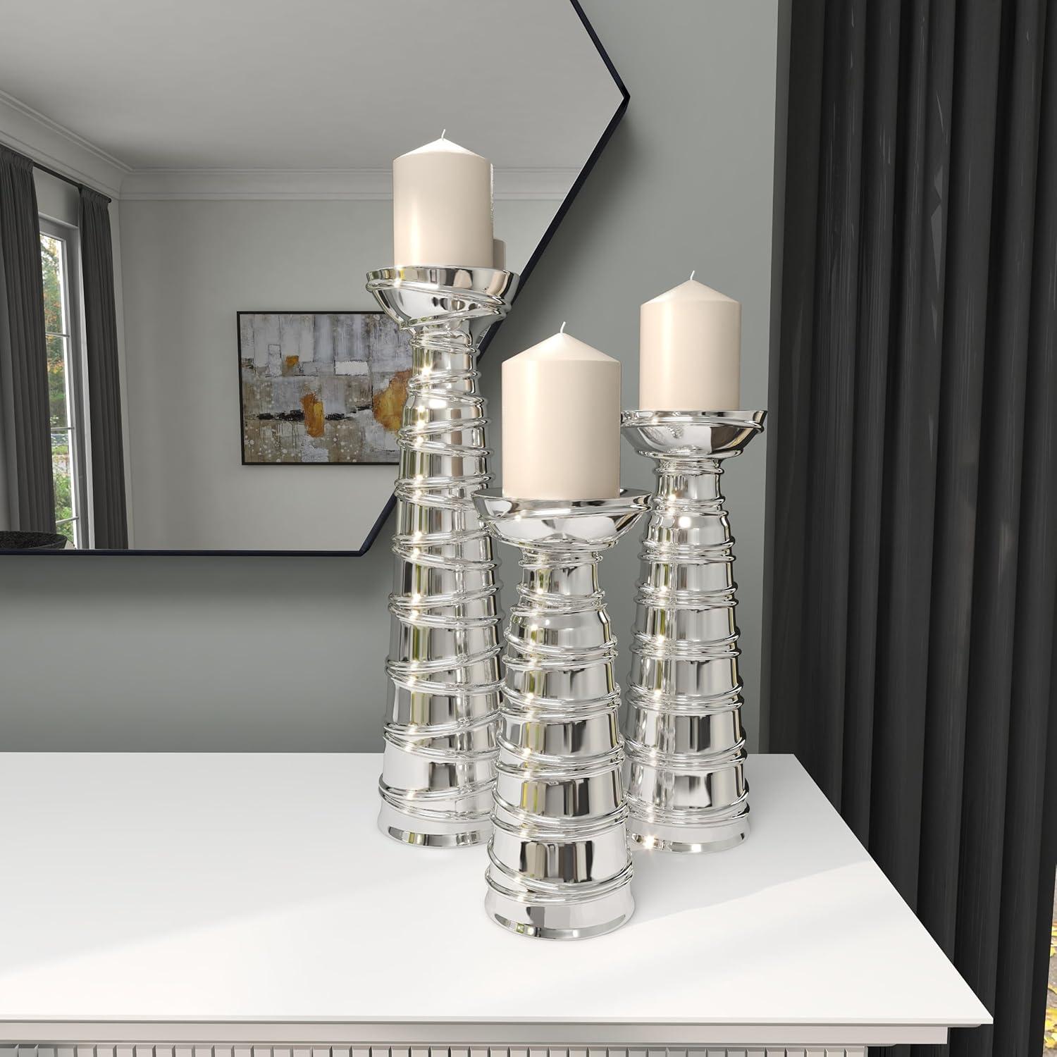 Mercer41 Ceramic Abstract Wrapped Decorative Silver Candle Holder Set