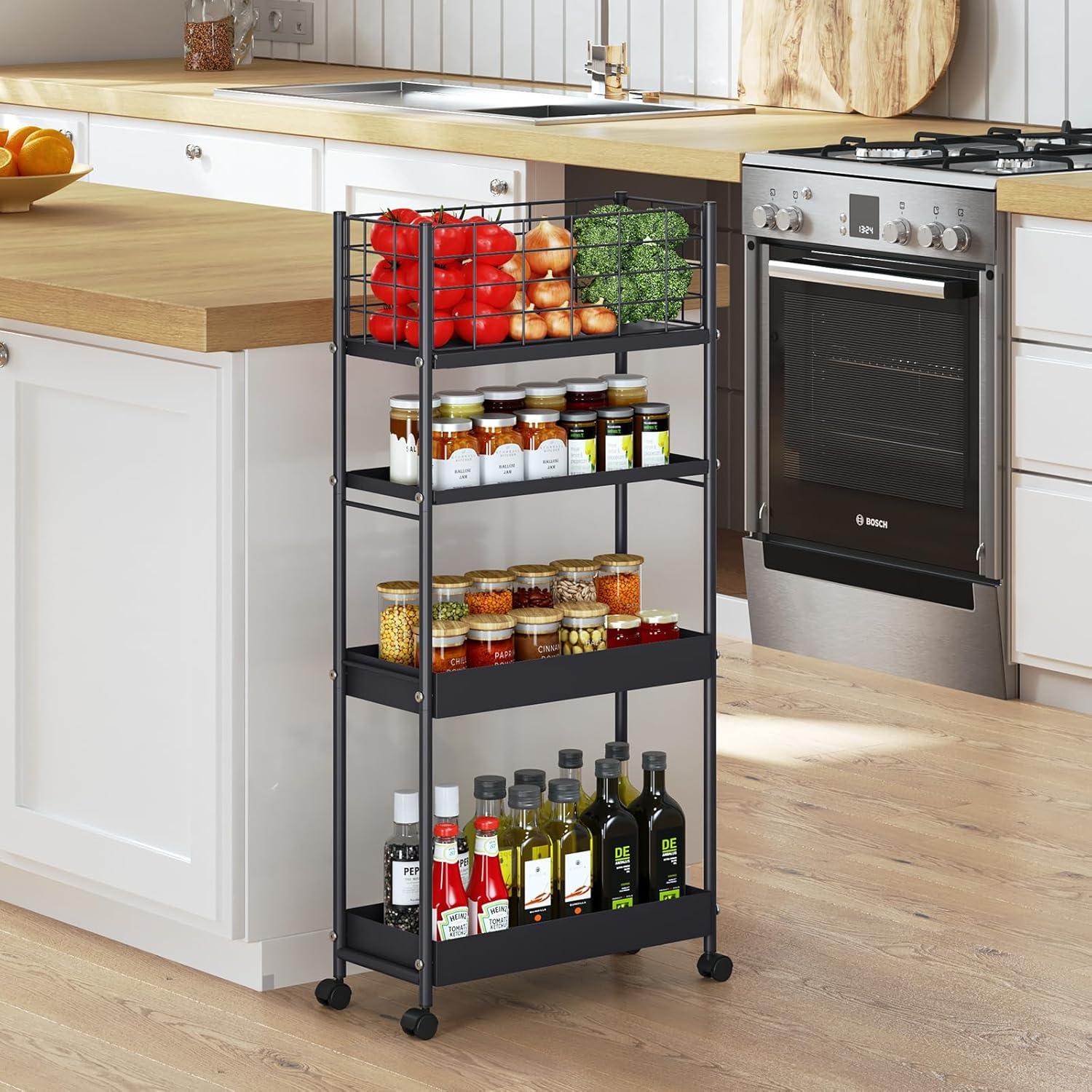 KINGRACK 4-Tier Slim Rolling Cart,Metal Utility Cart,Slide Out Storage Cart with Wooden Tabletop and Mesh Baskets for Narrow Space on Kitchen Bathroom Laundry Room Bedroom Apartments Dormitory, Black