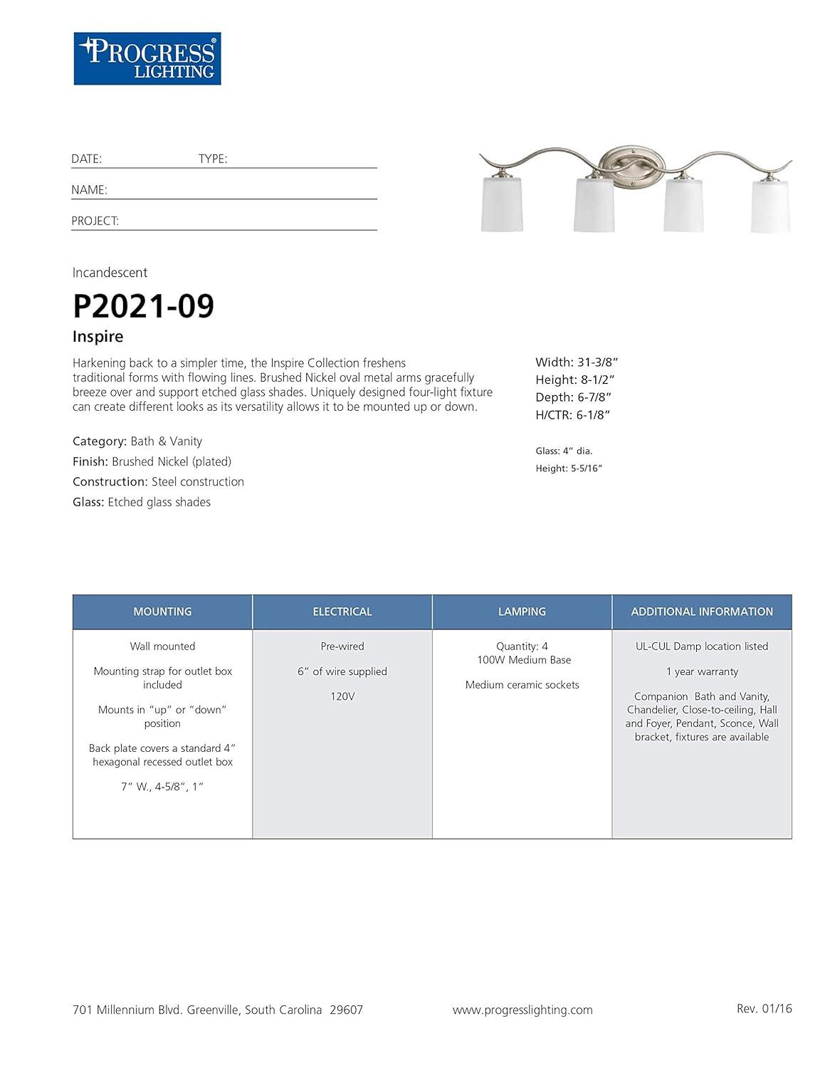 Progress Lighting Inspire 4-Light Wall Sconce, Brushed Nickel, Etched Glass Shades