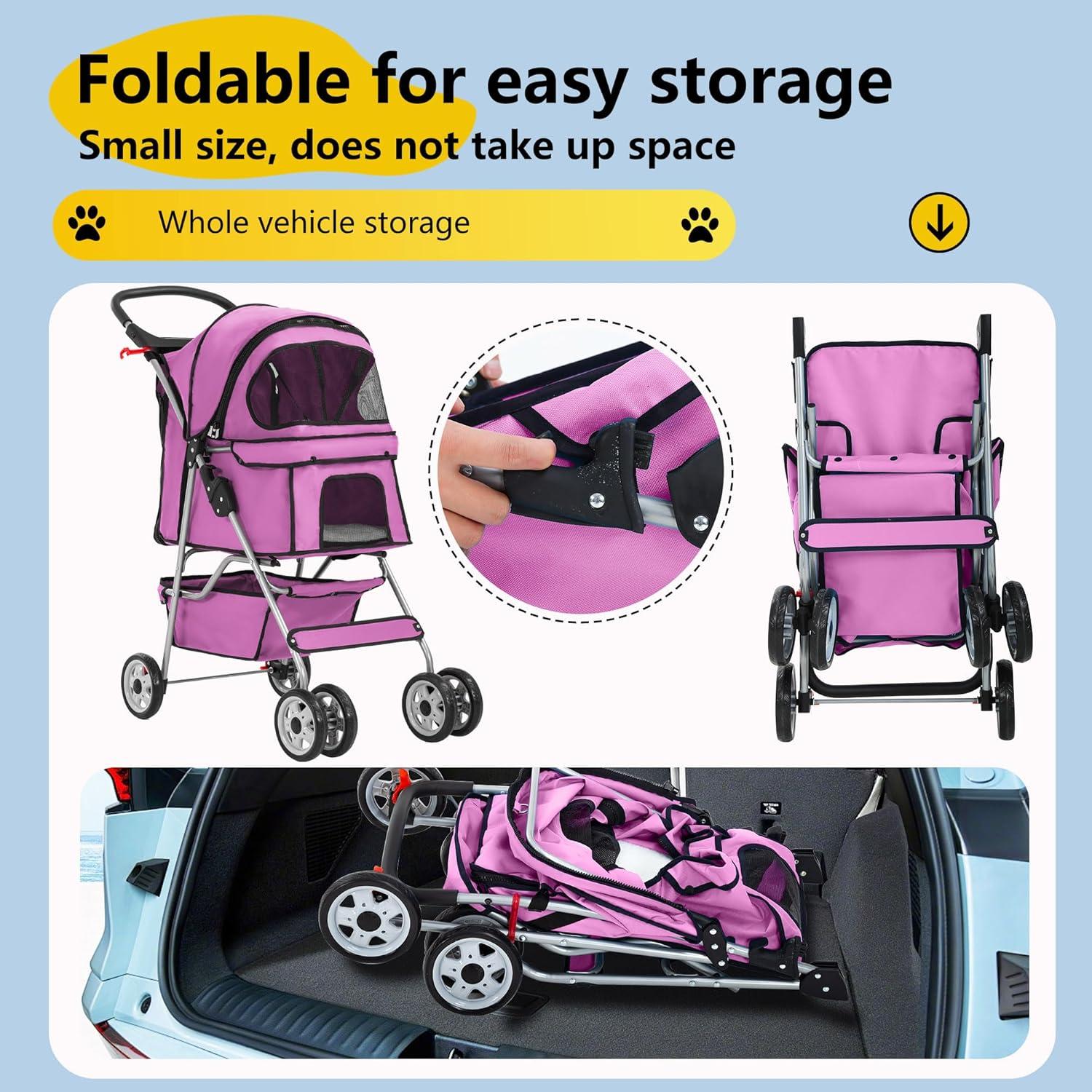 4 Wheels Pet Stroller Cat Dog Cage Stroller Travel Folding Carrier with Cup Holders and Removable Liner for Small-Medium Dog, Cat (Pink)