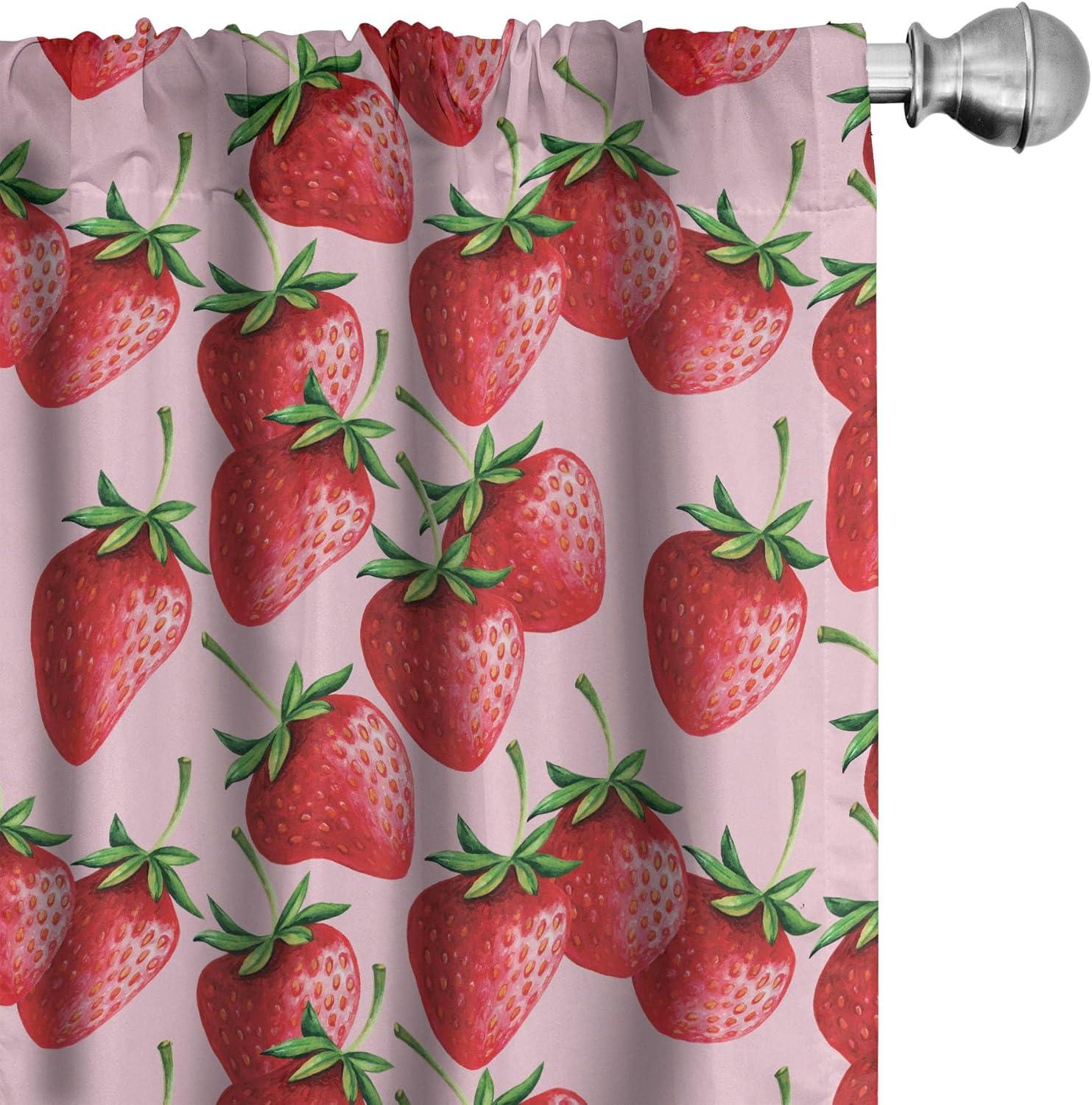 Ambesonne Fruit Curtains, Juicy Strawberries Summer, Pair of 28"x84", Green Pink Red