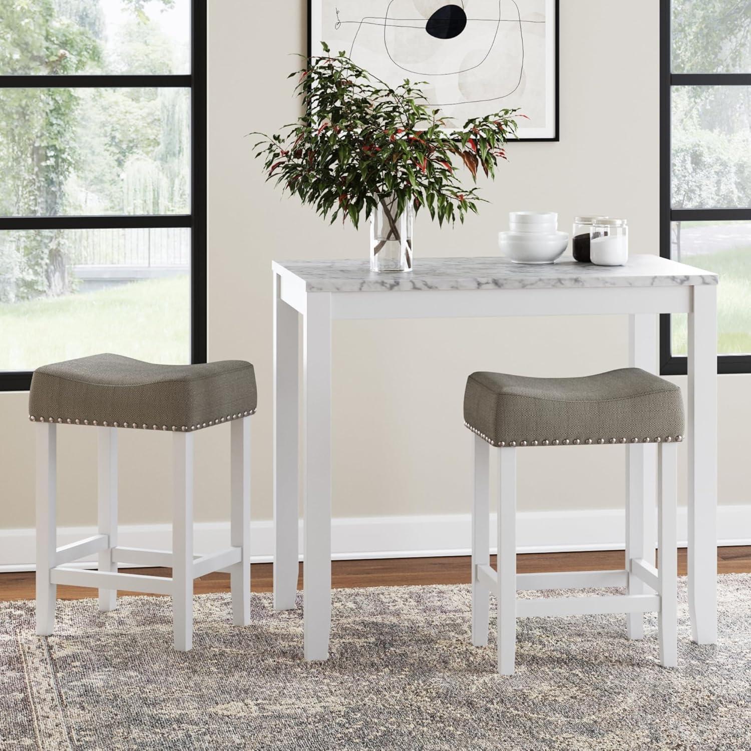 38&#34; Solid Wood Pub Dining Table and Stool Set White Marble/Light Gray Linen - Nathan James