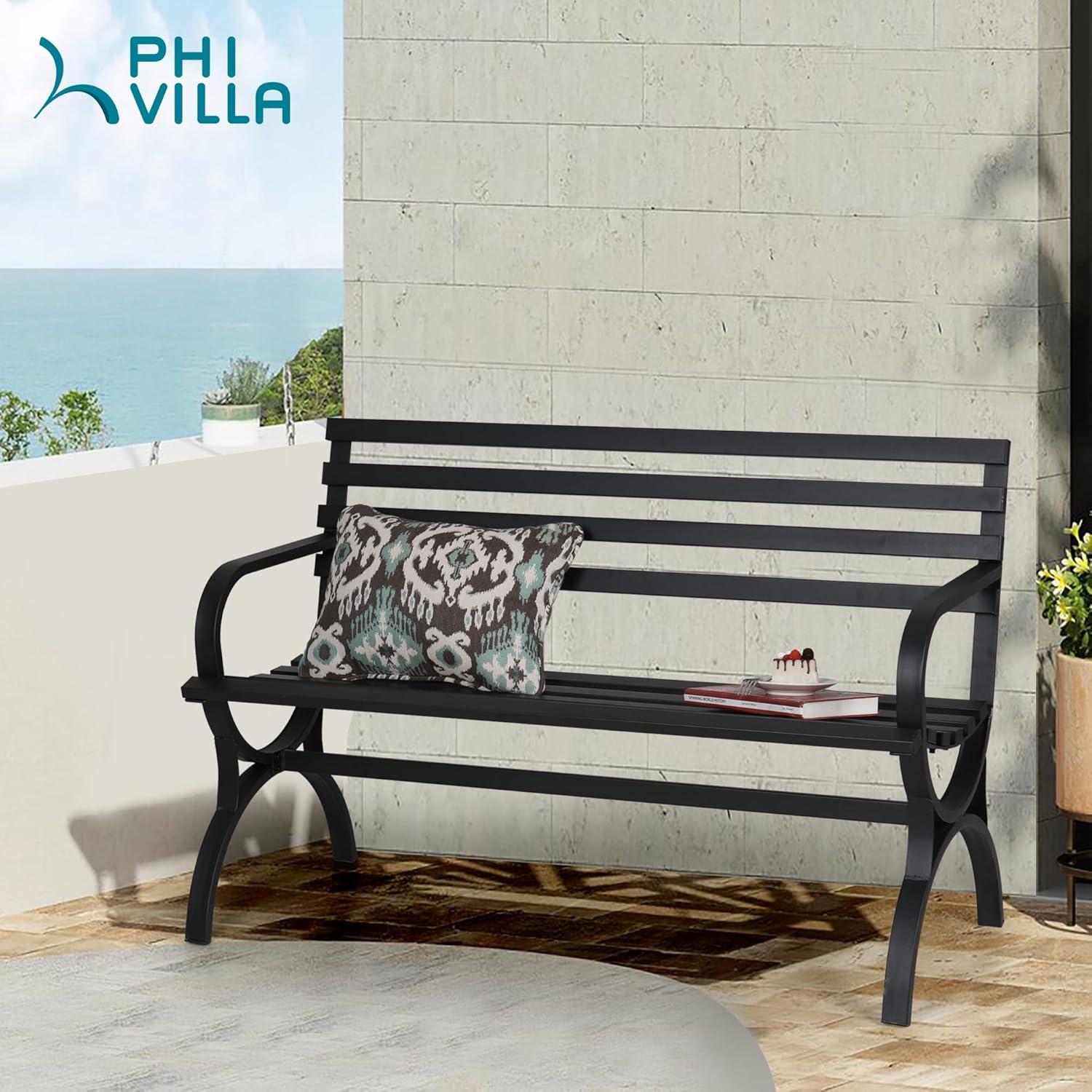 Black Steel Modern Slatted Outdoor Bench with Armrests