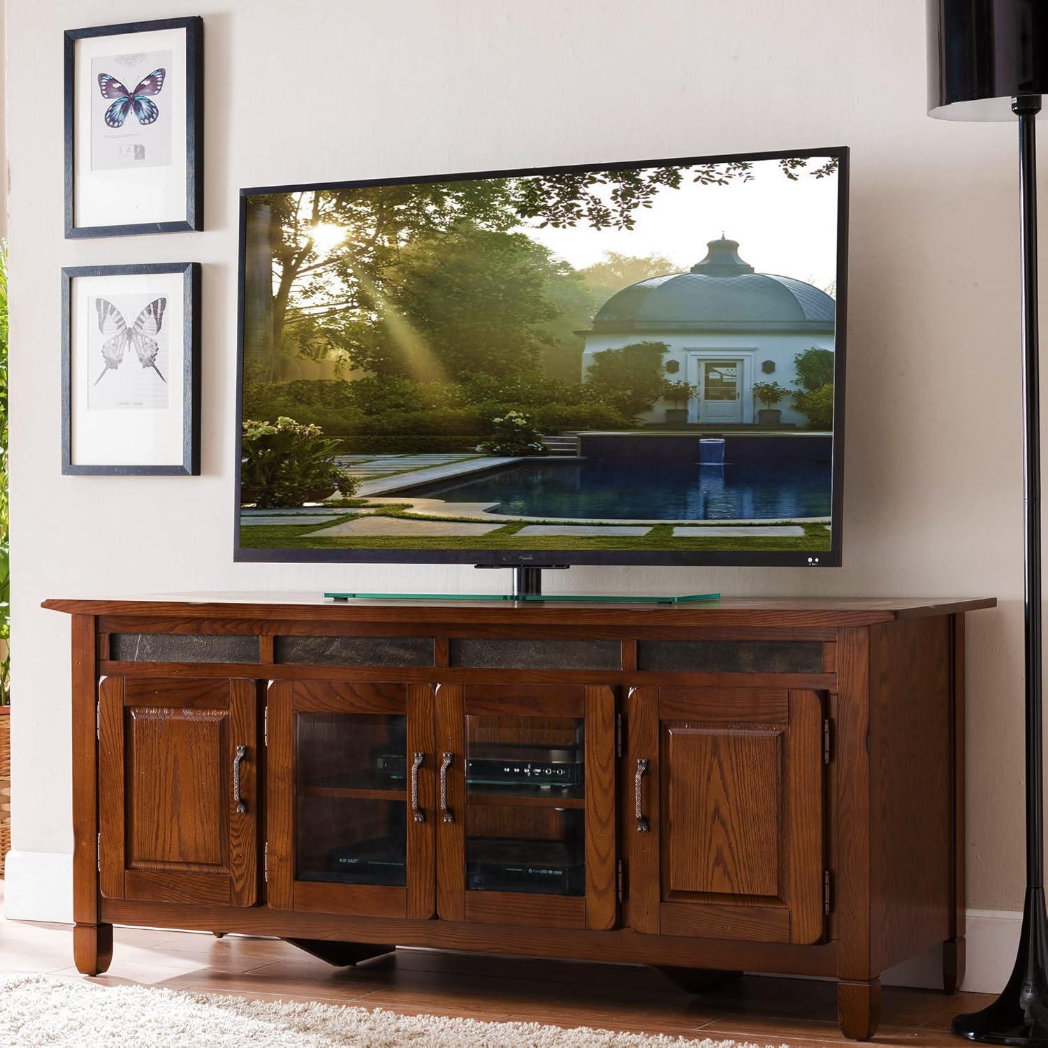 Leick Home 89360 Rustic Oak TV Stand with Slate Tiles and Enclosed Storage For 65" TV, Distressed Rustic Autumn