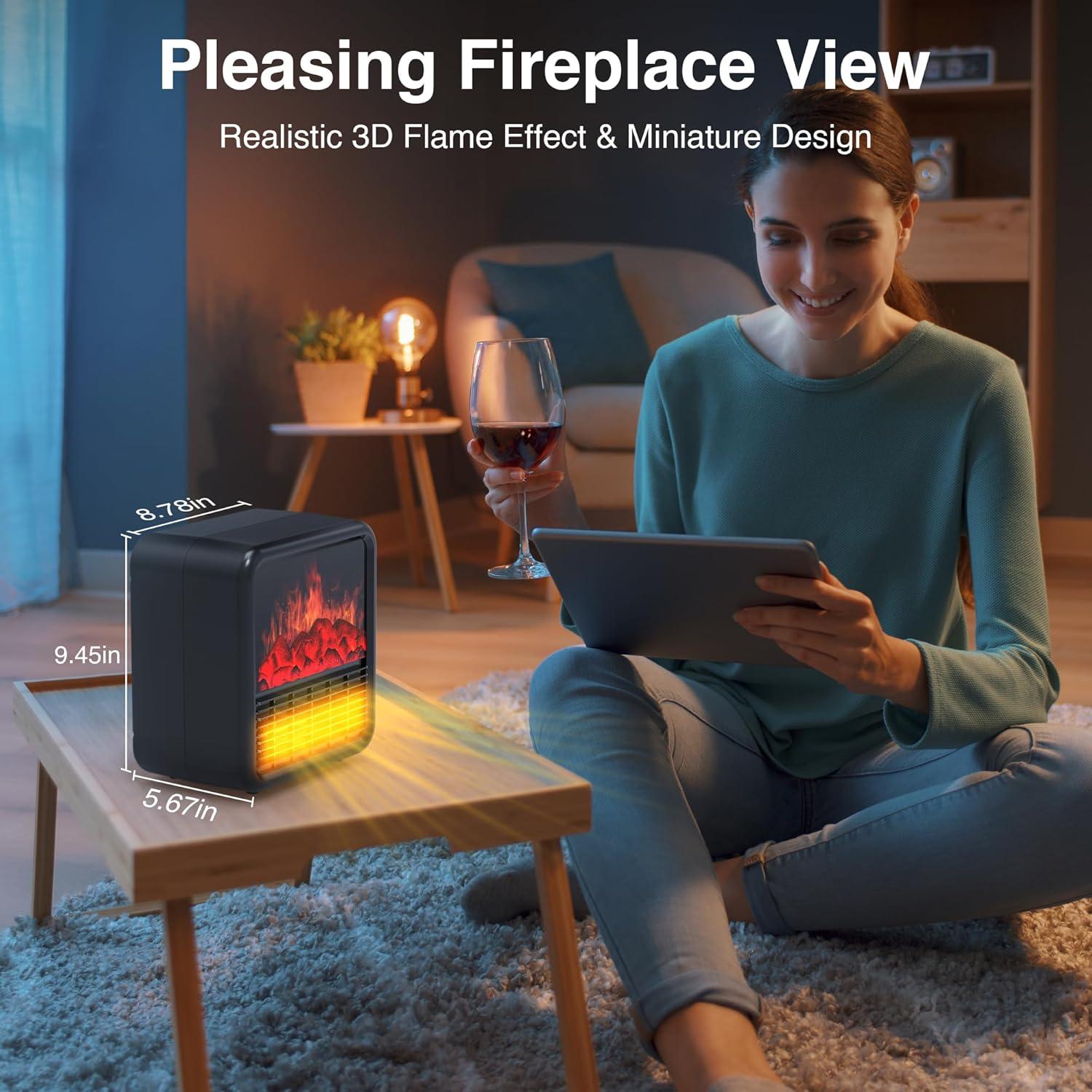 Small Portable Space Heater for Indoor use with Realistic 3D Flame, Mini Electric Fireplace Heater with Thermostat, 1500W/750W PTC Ceramic Heating, Tip-Over Safety Switch, Black