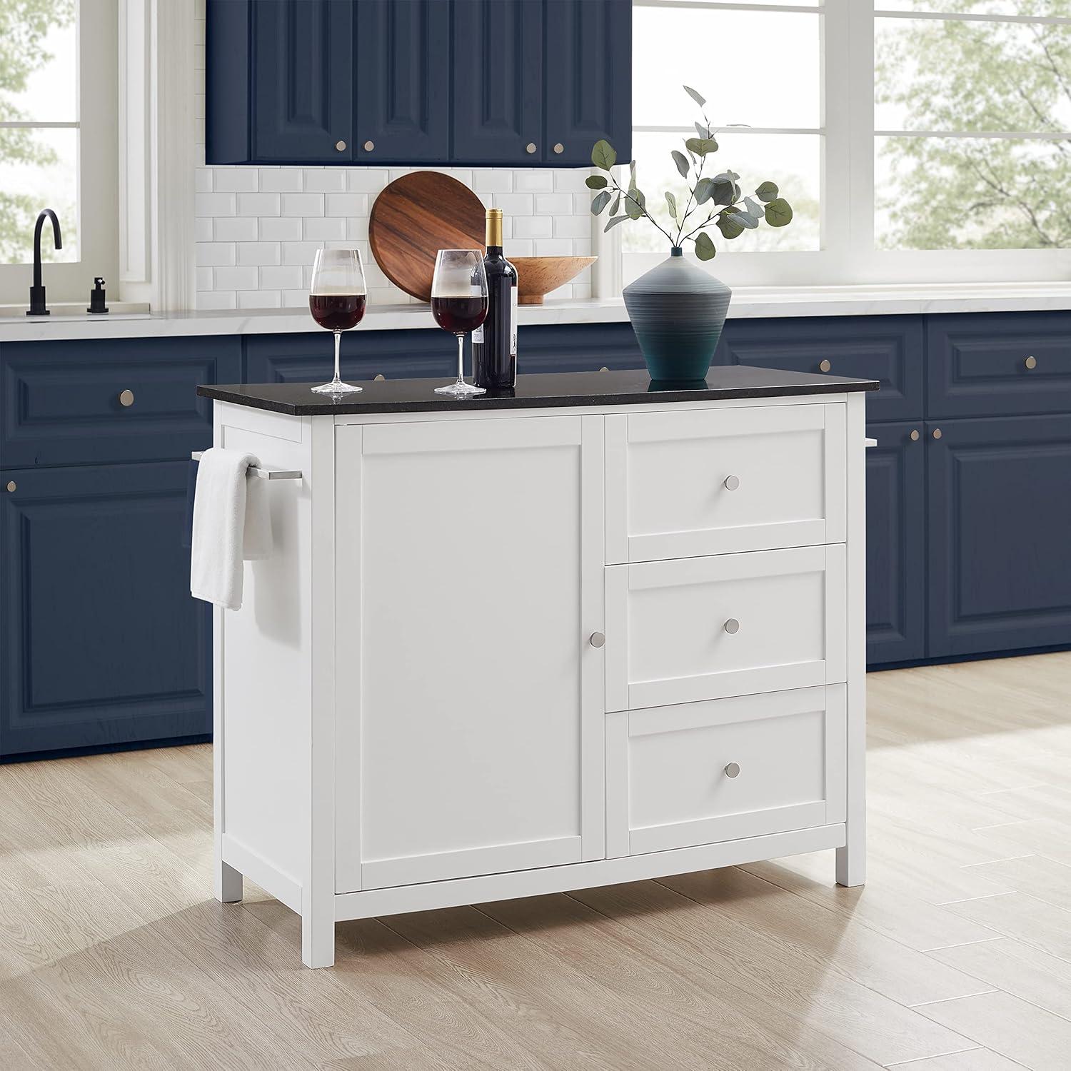 Crosley Soren Granite Top Kitchen Island/Cart Black/White: Traditional Style with Caster Wheels, Storage & Assembly Tools Provided
