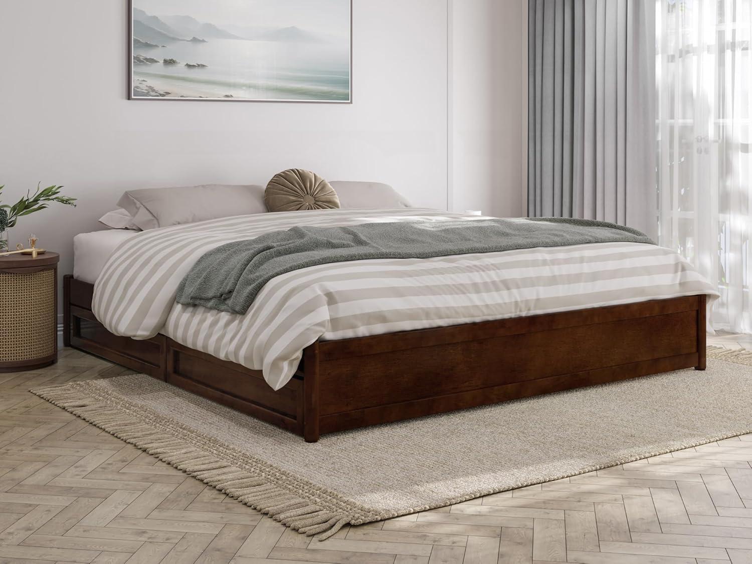 Barcelona King Solid Wood Panel Platform Bed with Storage Drawers in Walnut