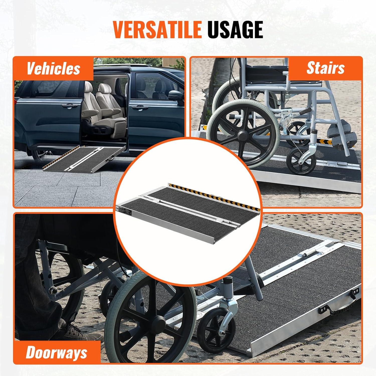 VEVOR Portable Wheelchair Ramp - 3 ft, 800 lbs Capacity, Non-Slip Aluminum, Folding Threshold Ramp for Mobility Scooters, Suitable for Home Steps, Stairs, Doorways, Curbs