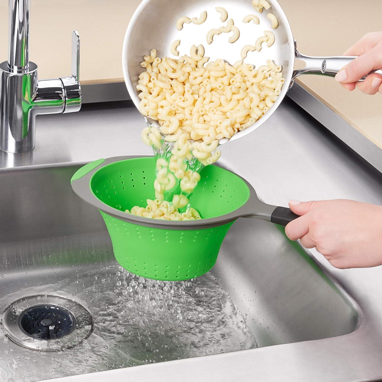 Green Silicone Collapsible 2-Quart Strainer with Non-Slip Handles