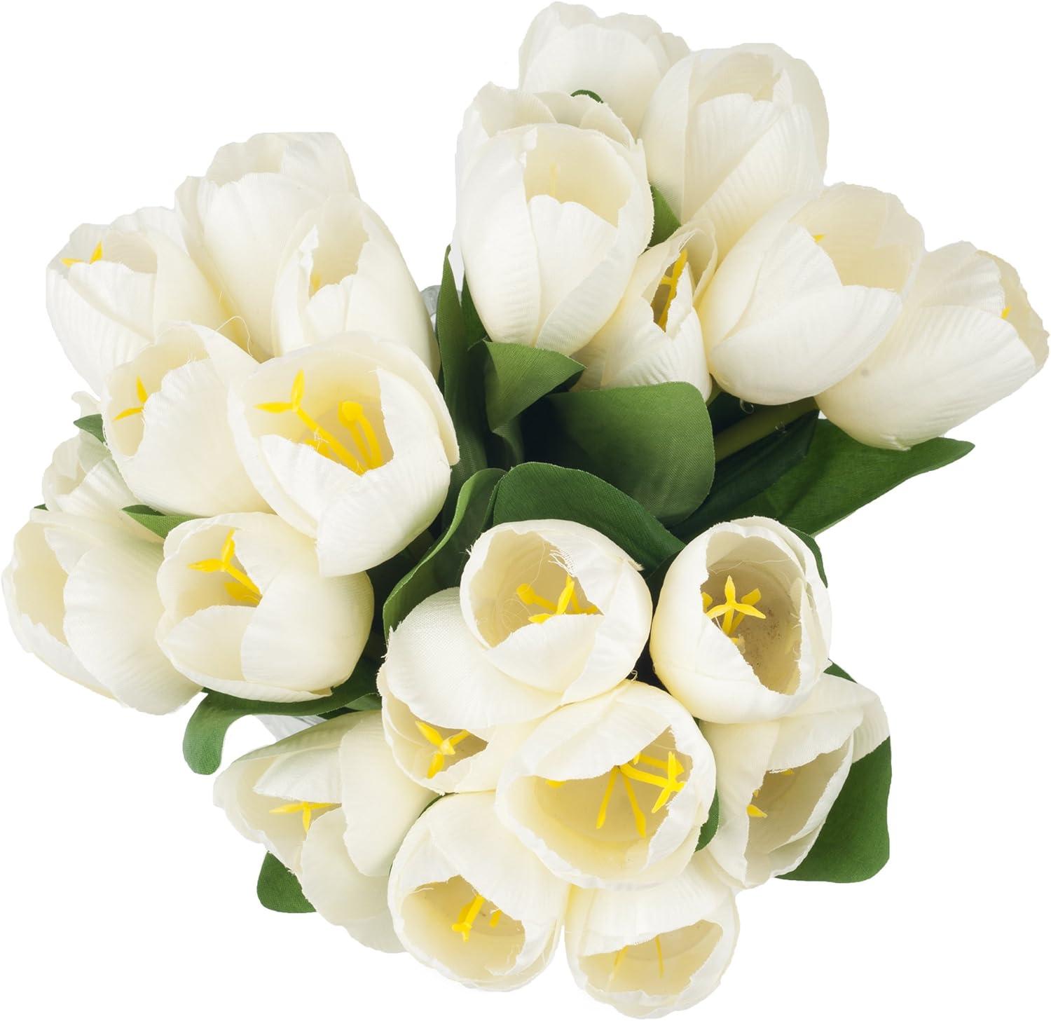 Tulip Floral Arrangement in Vase- 24 Cream Artificial Flowers with Leaves in Decorative Clear Glass Square Bowl & Faux Water for Décor by Pure Garden