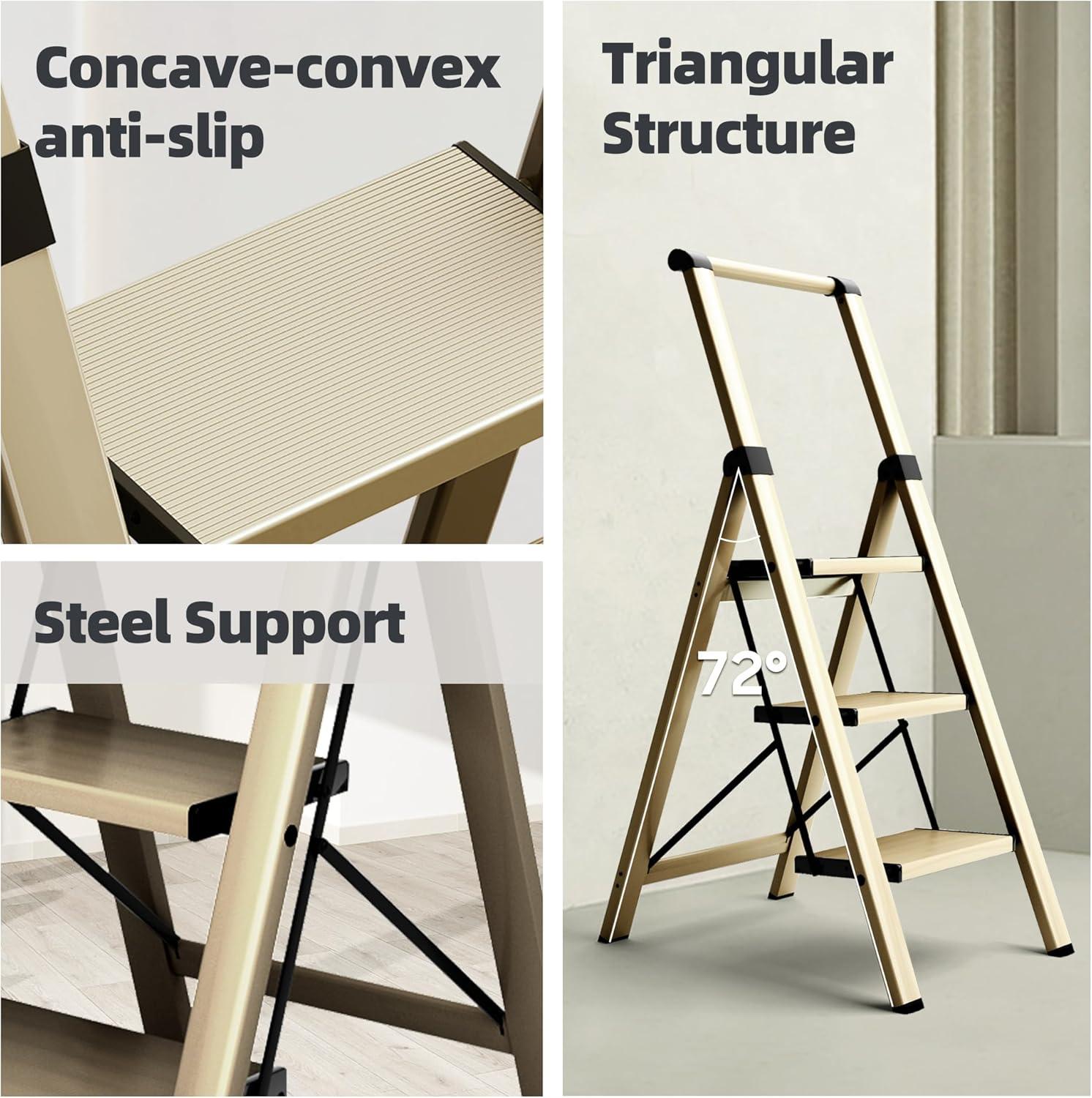 WFX Utility™ 3-Step Foldable Aluminum Ladder With U-Shape Handgrip, Anti-Slip Wide Pedals, 330 Lbs Capacity, Lightweight & Portable For Home, Kitchen, Office