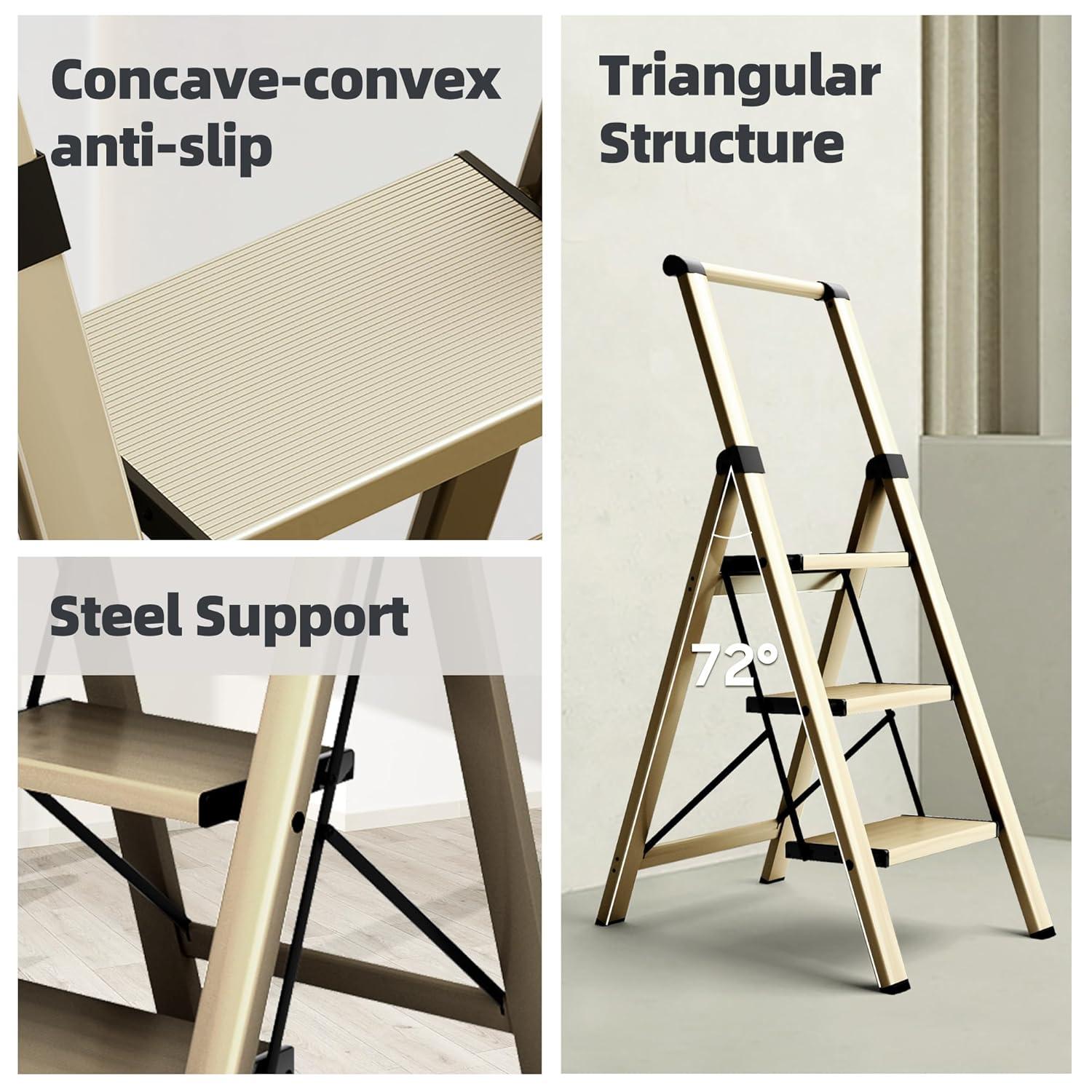 WFX Utility™ 3-Step Foldable Aluminum Ladder With U-Shape Handgrip, Anti-Slip Wide Pedals, 330 Lbs Capacity, Lightweight & Portable For Home, Kitchen, Office