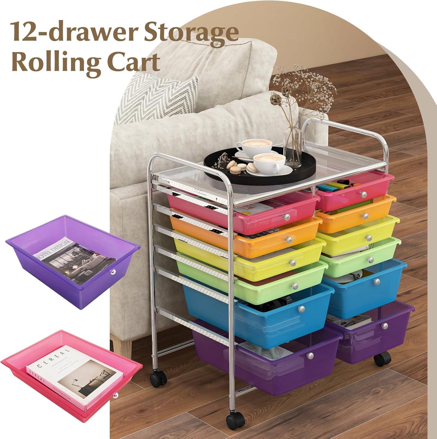 Storage Cart with 12 Drawers Rolling Wheels Semi-Transparent Multipurpose Mobile Rolling Utility Cart for School, Office, Home, Beauty Salon Files Arrangement Storage Organizer Cart, Multi-color