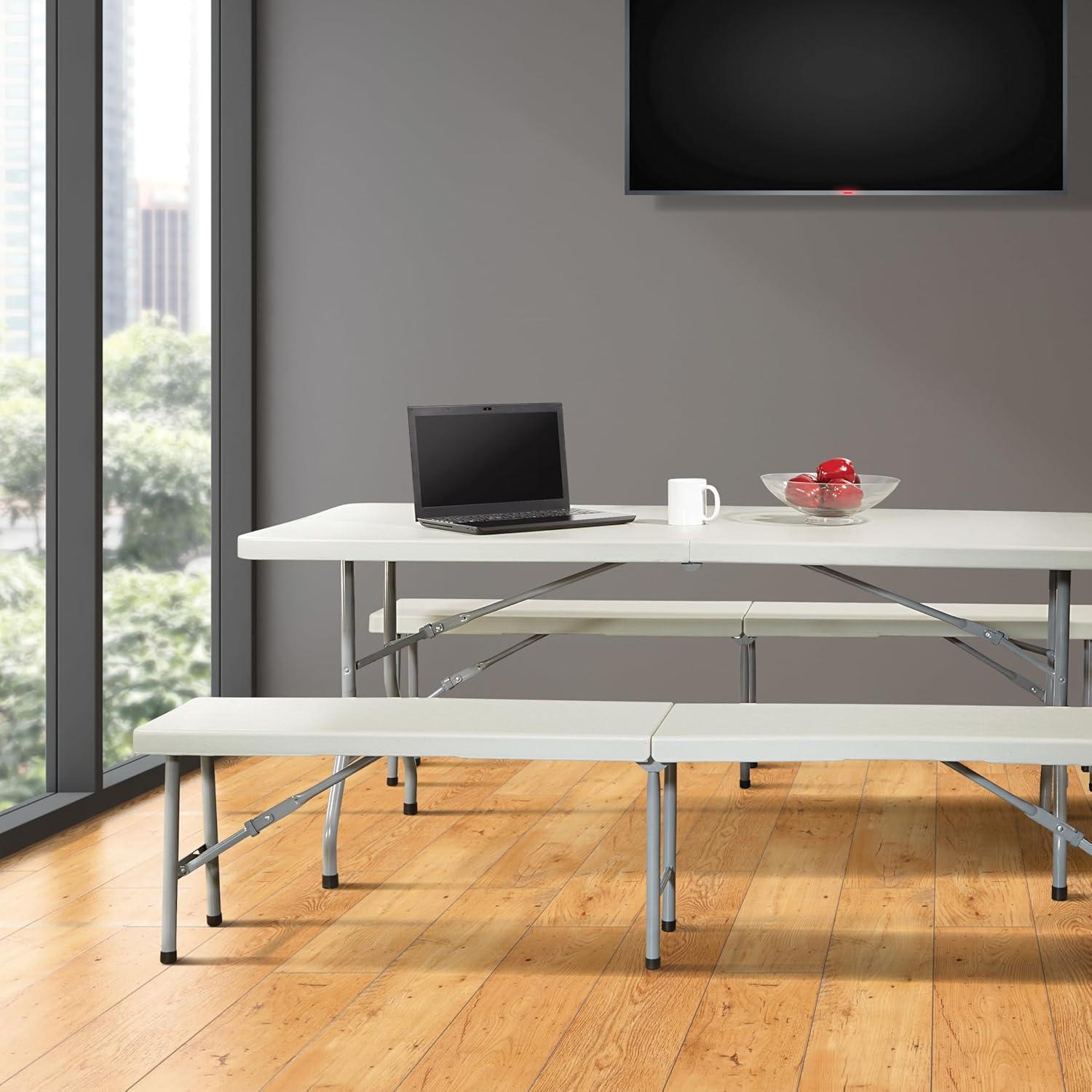 Dark Gray 72" Folding Table and Bench Set with Steel Frame