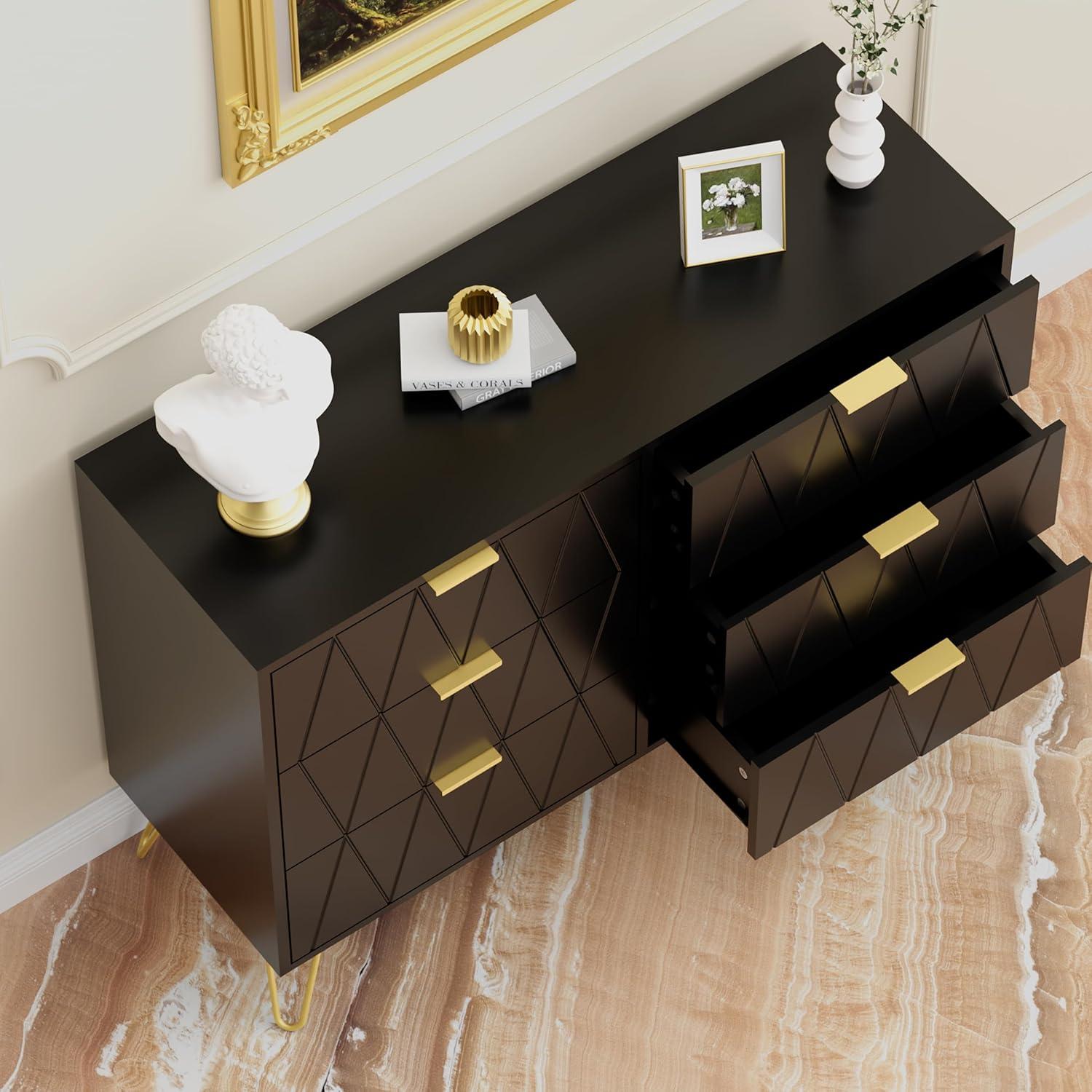 UEV Black 6 Drawer Dresser, Modern Dresser Chest with Wide Drawers and Metal Handles, Wood Storage Chest of Drawers for Bedroom,Hallway,Entryway