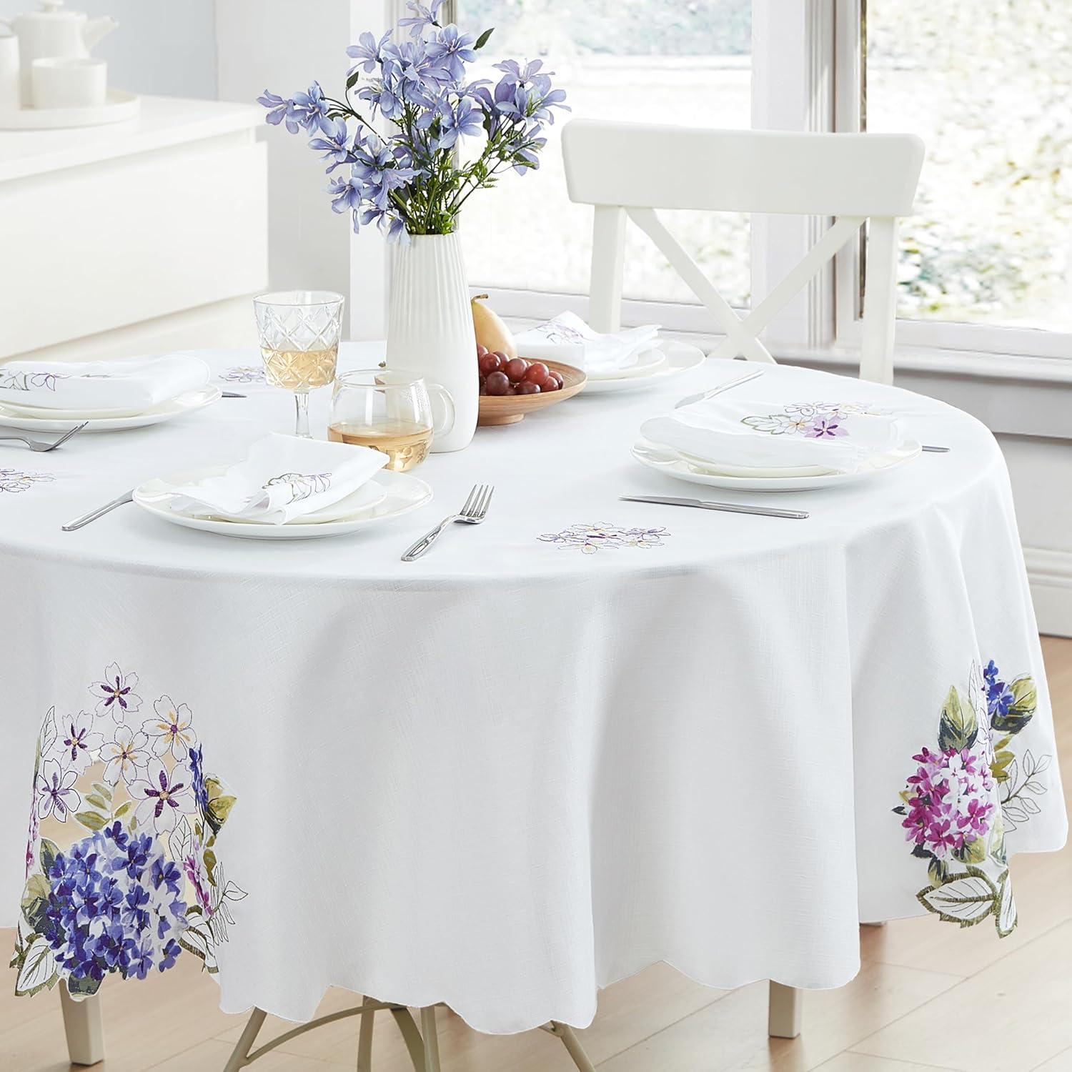 Spring Hydrangea Floral Cutwork Tablecloth - Multicolor - 70" Round - Elrene Home Fashions