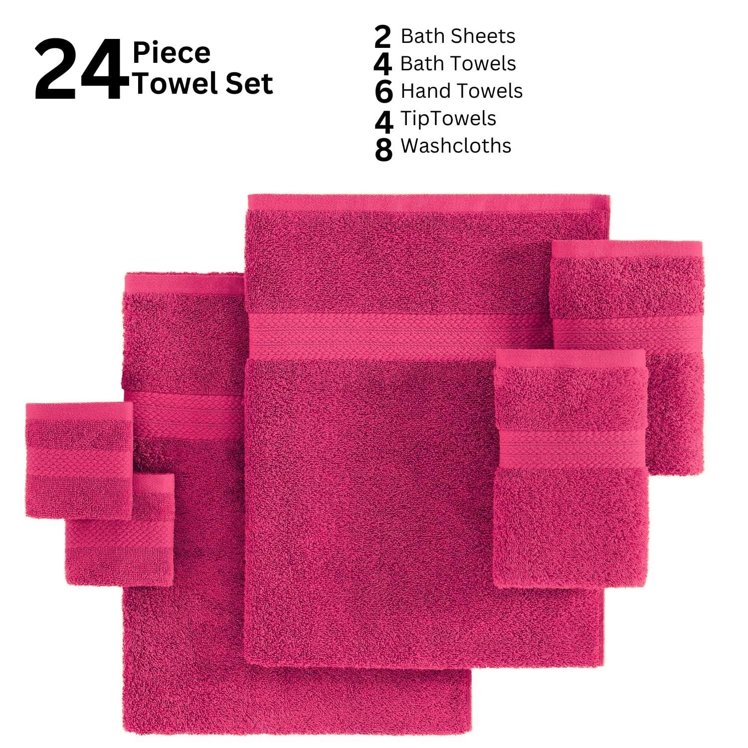LANE LINEN 100% Cotton Bathroom Towel Set - 24 Pcs - Ring Spun, Super Soft & Highly Absorbent - 2 Bath Sheets, 4 Fingertip, 4 Bath, 6 Hand Towels, 8 Washcloths - Wide Variety of Colours - Fuchsia