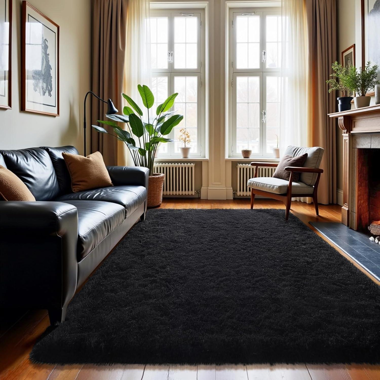 YJ.GWL Soft Fluffy Area Rugs for Bedroom Shaggy Living Room Rug Carpets for Bedroom Home Decor,4'x6',Black