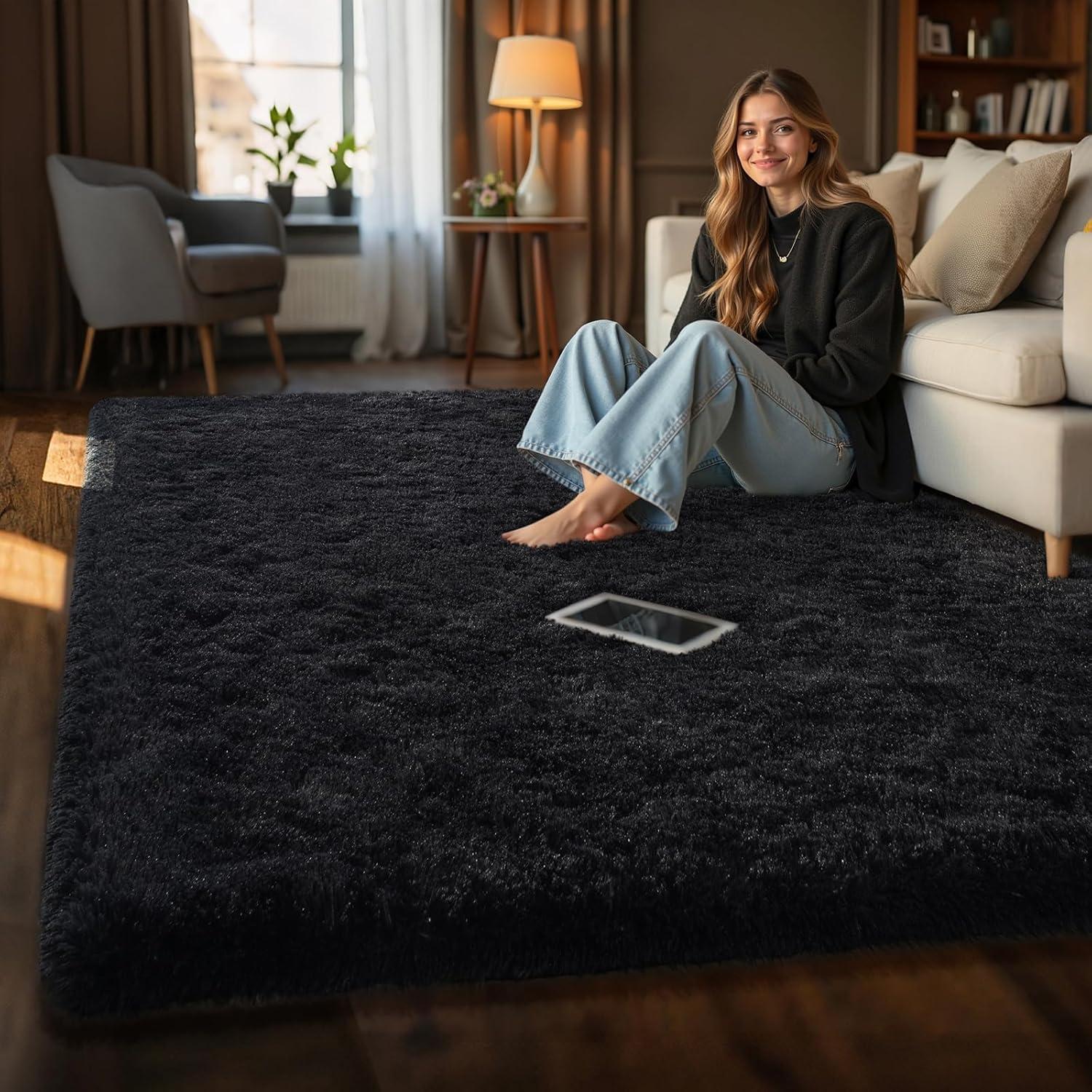 YJ.GWL Soft Fluffy Area Rugs for Bedroom Shaggy Living Room Rug Carpets for Bedroom Home Decor,4'x6',Black