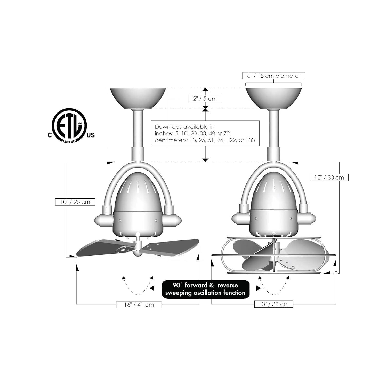 Diane oscillating ceiling fan in Polished Chrome finish with solid matte black wood blades.