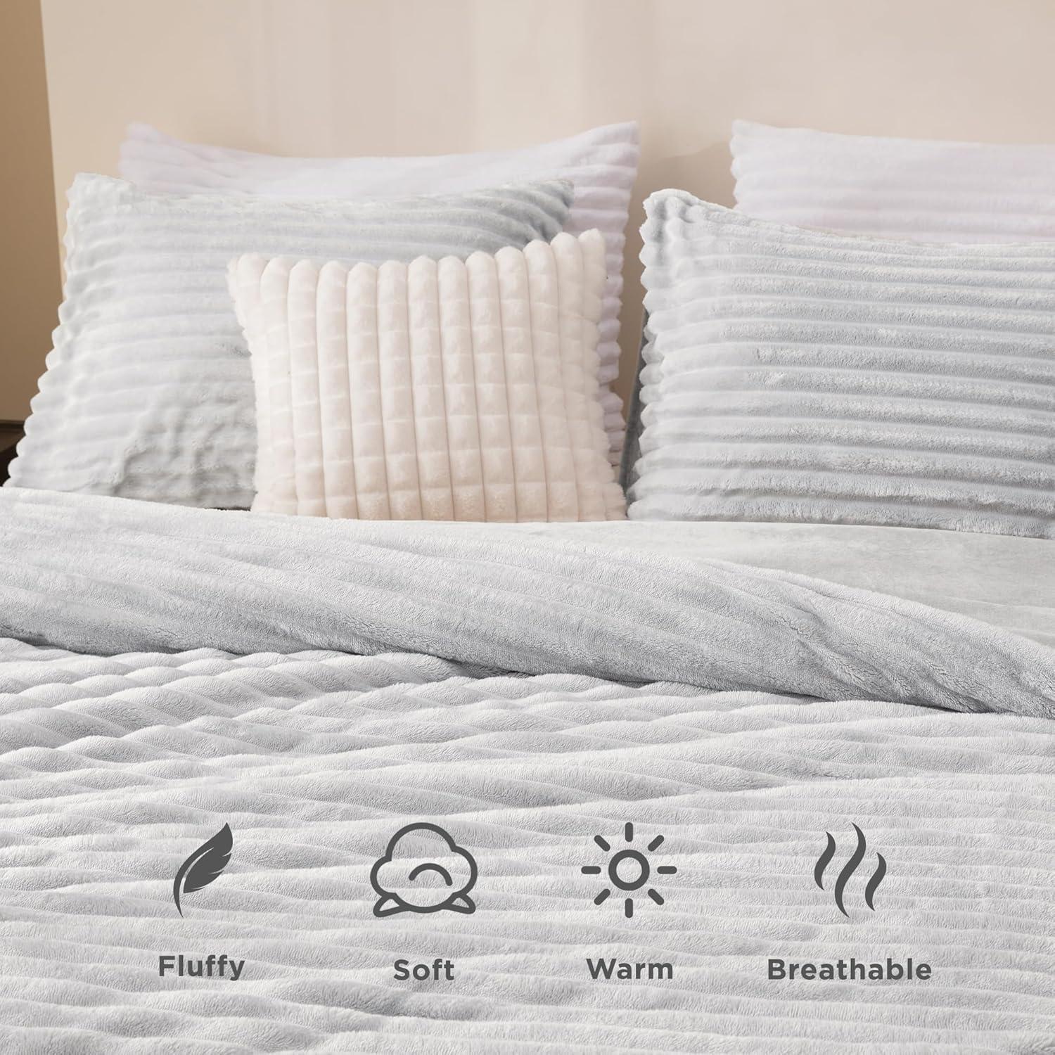 Andency King Size Comforter Set, Light Grey Soft Fluffy Comforter Set King Size, Winter Warm Fleece Faux Fur Bedding Set, Luxury Plush Fuzzy Bed Set 3 Pieces (1 Shaggy Comforter, 2 Pillowcases)