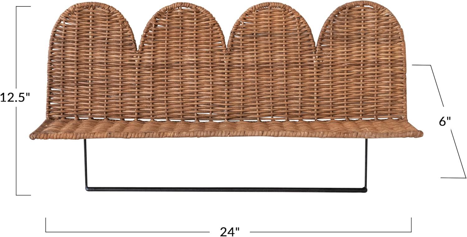 Creative Co-Op Rattan Wicker Wall Shelf with Scalloped Edge and Metal Rod, Natural