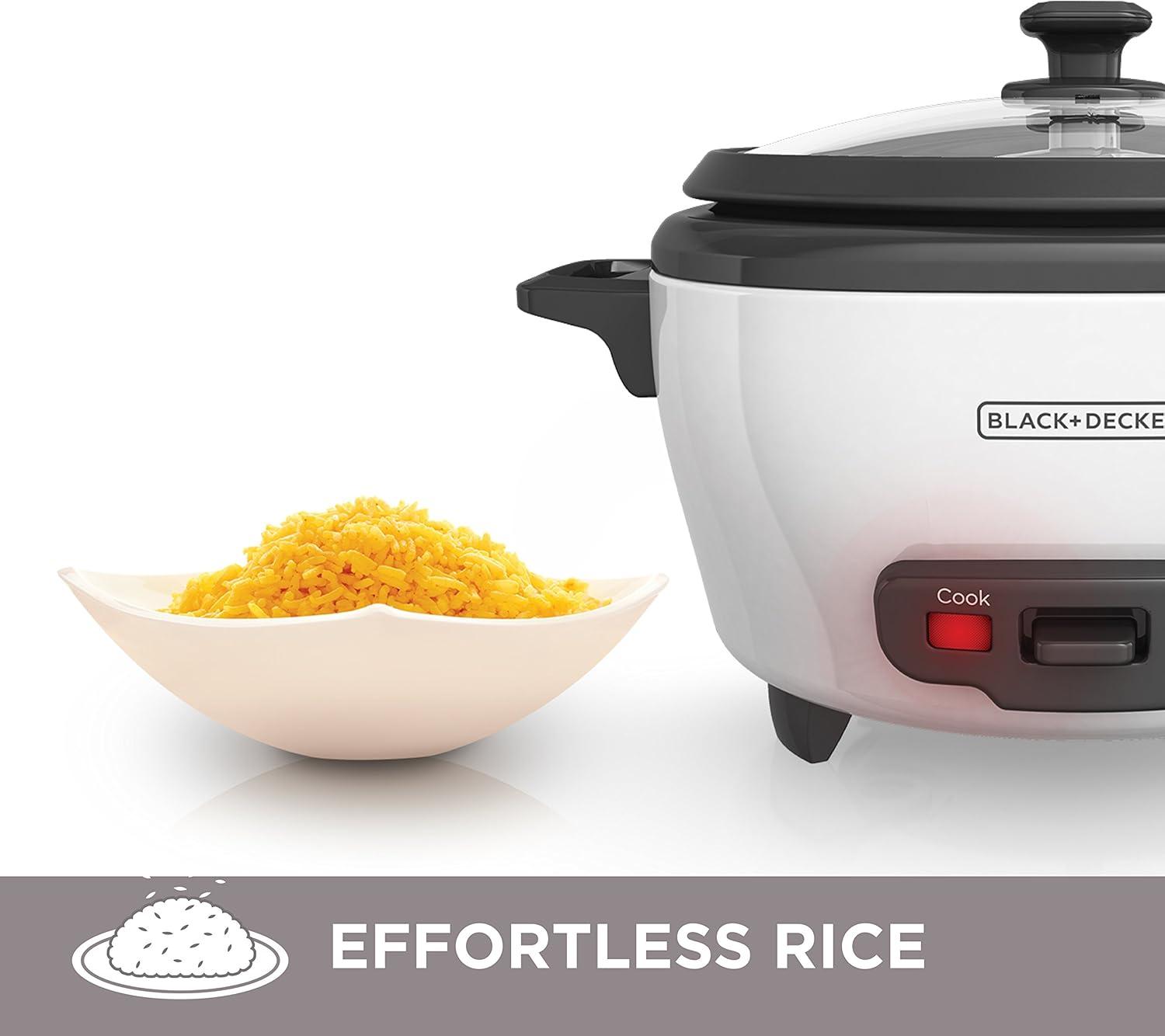 BLACK+DECKER 6-Cup Rice Cooker, RC506, 3-cup Uncooked Rice, Steaming Basket, Removable Non-Stick Bowl, One Touch