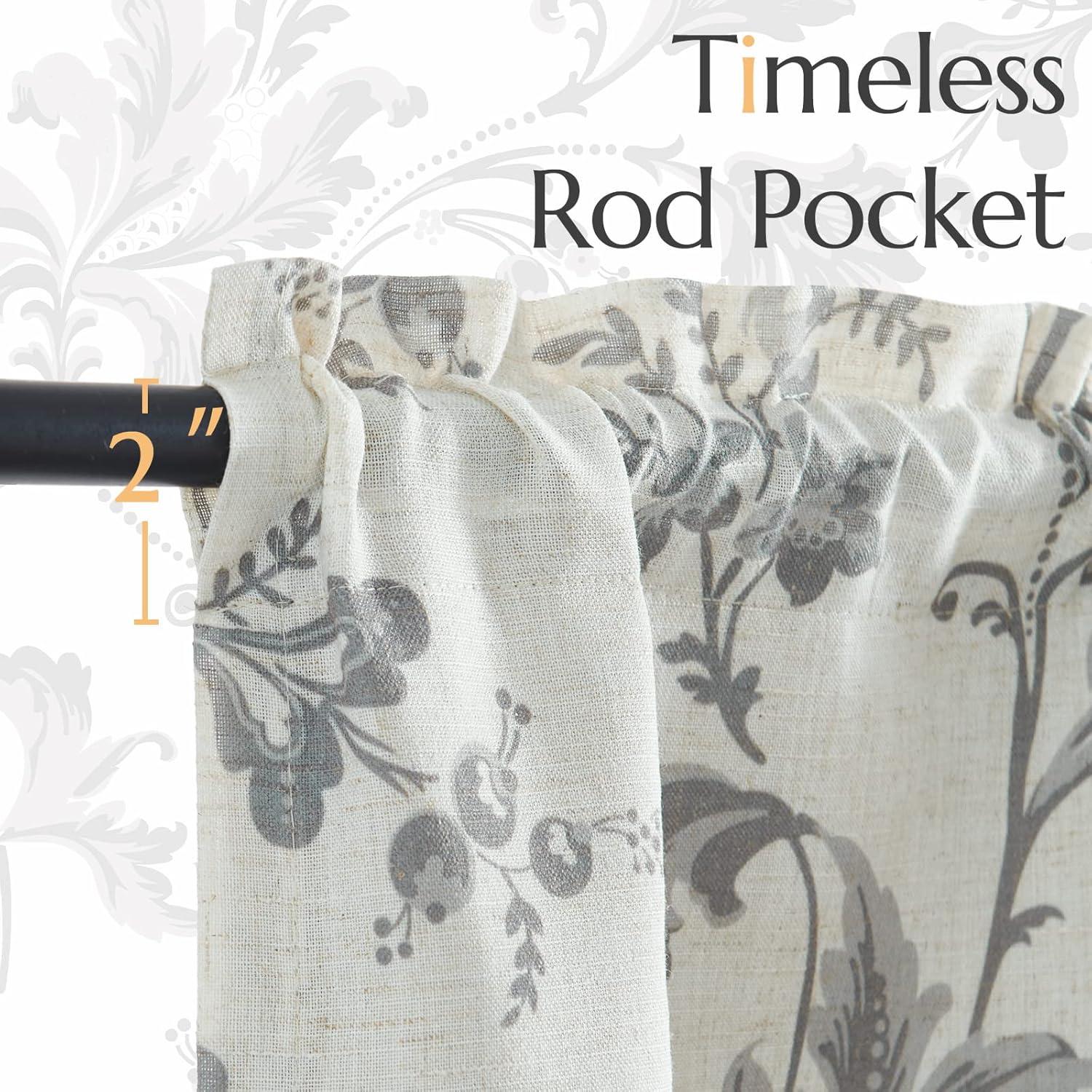 jinchan Linen Valance Curtain Farmhouse Window Decor Gray Floral Print for Kitchen Living Room Double Layer Blackout Valance 16 Inches Rustic Window Treatment 1 Panel Rod Pocket Grey on Beige