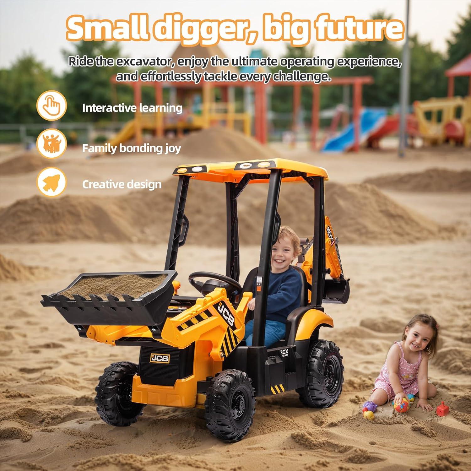 EastVita 12V Ride on Toys Tractor, Kids Ride on Car Toy Excavator Bulldozer, 12V Digger w/Trailer, Shovel Bucket, Digger, Remote Control, EVA Tires, LED Lights, Music, USB