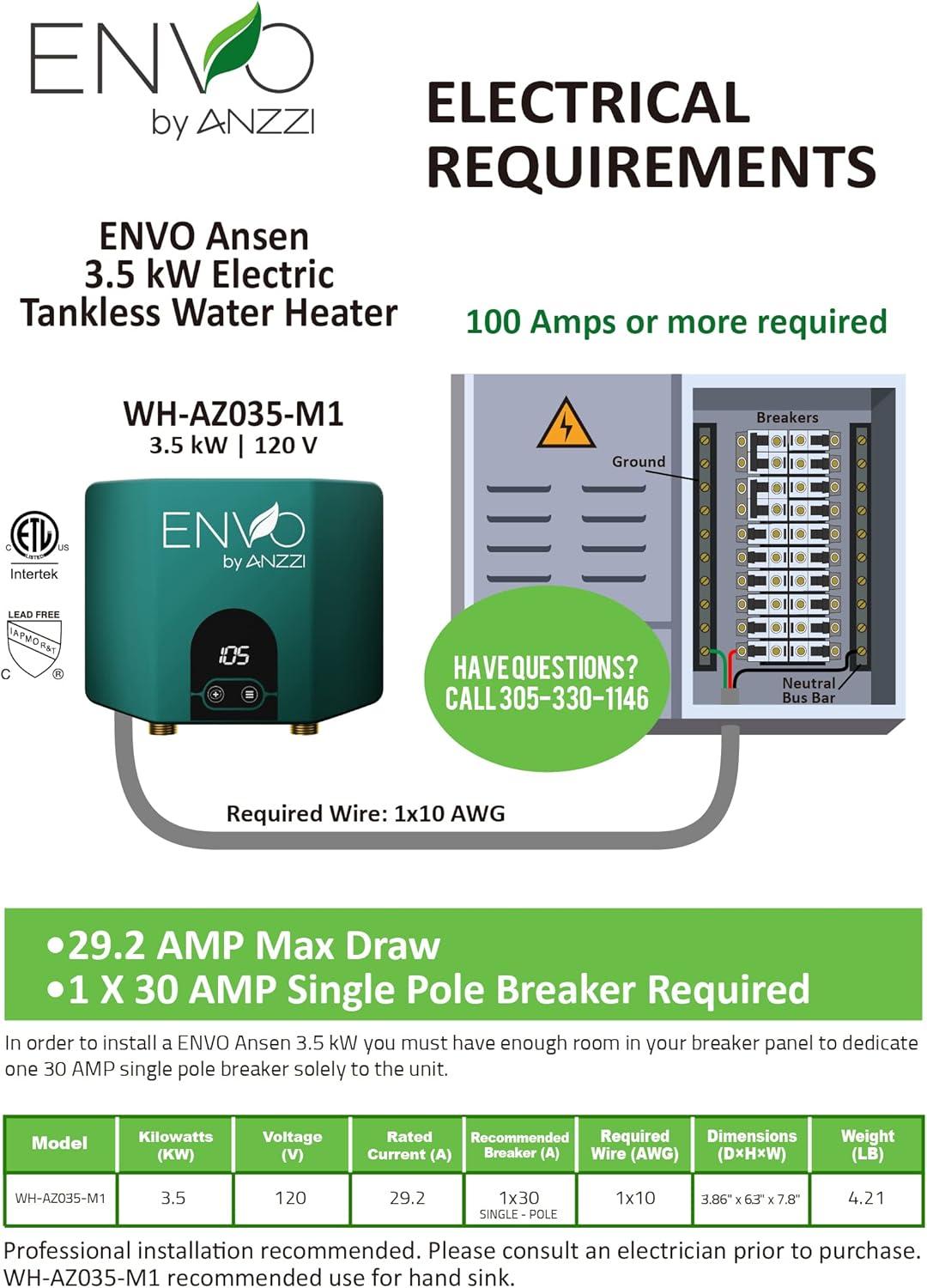 Envo ANZZI 3.5 Kw Tankless Electric Water Heater - Single Point of Use
