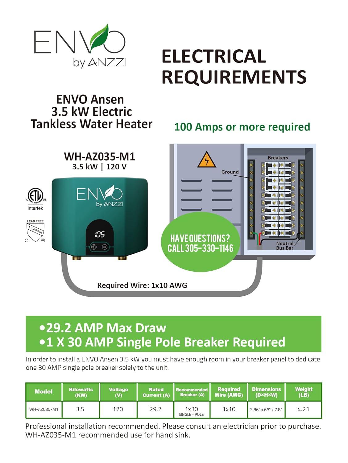 Envo ANZZI 3.5 Kw Tankless Electric Water Heater - Single Point of Use