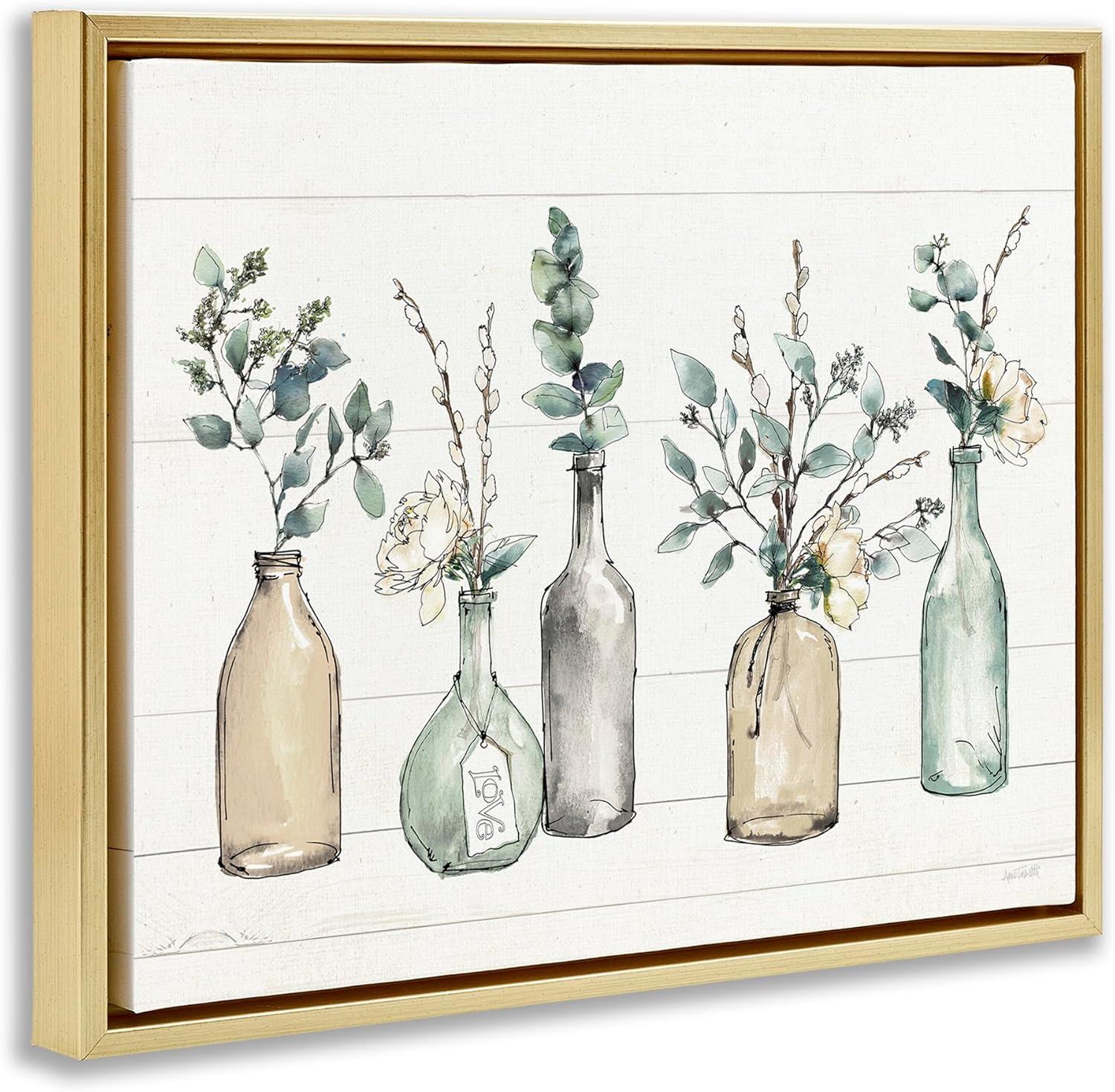 Stupell Industries Bottles And Plants Farm Wood Textured Design Metallic Gold Framed Floating Canvas Wall Art, 16x20, by Anne Tavoletti